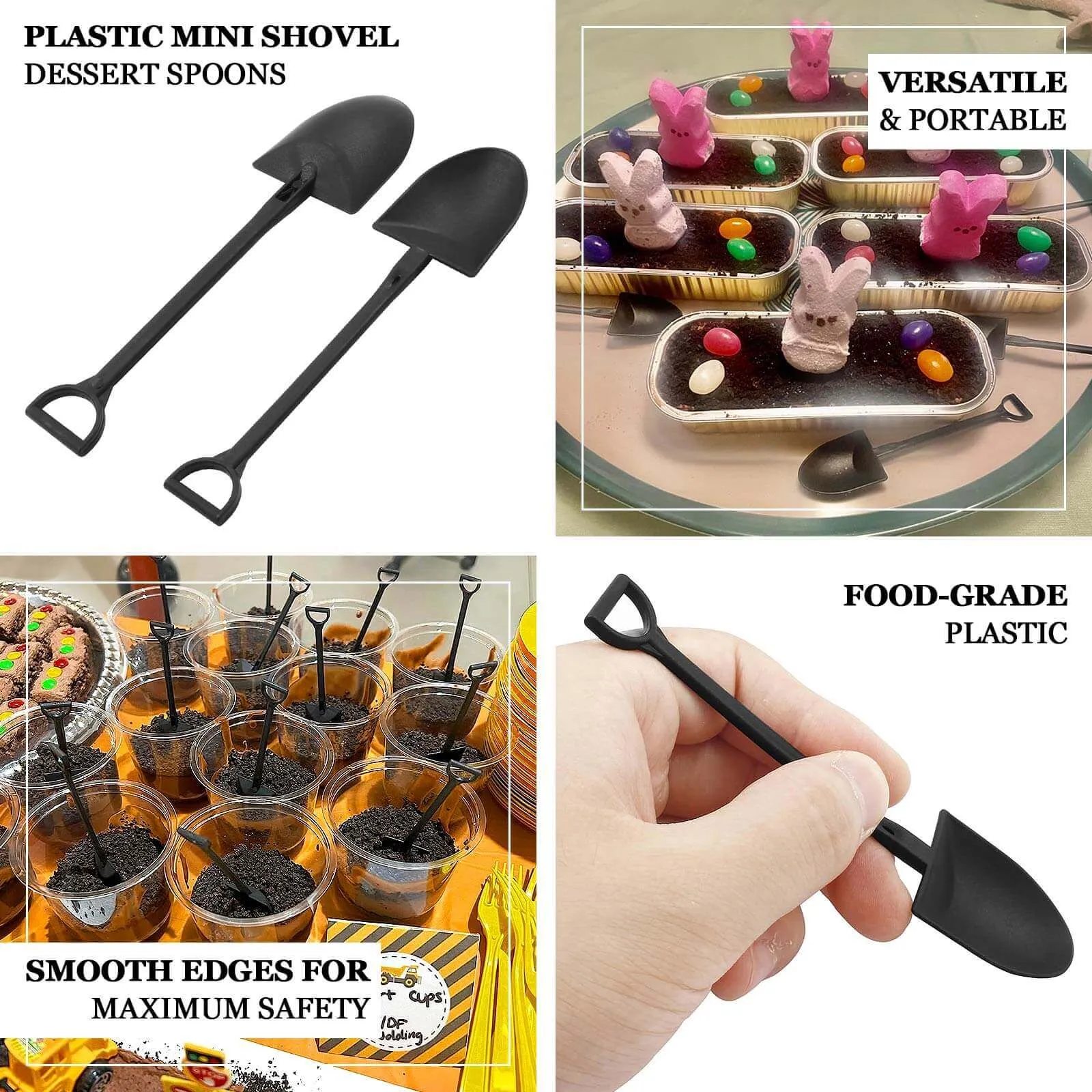 100 Pack Black Mini Shovel Plastic Ice Cream Spoons, 4.5" Disposable Dessert Spoons