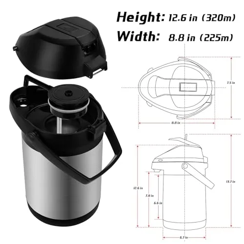 101 Oz (3L) Airpot Coffee Carafe with Pump, Portable Stainless Steel Double-wall Insulated Thermal Carafe Dispenser, 12 Hour Heat 24 Hour Cold Retention