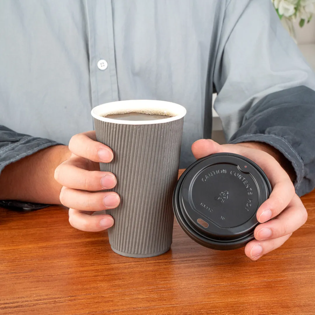 16 oz Gray Paper Ripple Wall Coffee Cup - with Black Lid - 3 1/2" x 3 1/2" x 6 1/4" - 20 count box