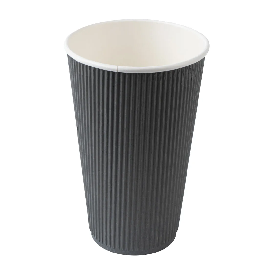 16 oz Gray Paper Ripple Wall Coffee Cup - with Black Lid - 3 1/2" x 3 1/2" x 6 1/4" - 20 count box