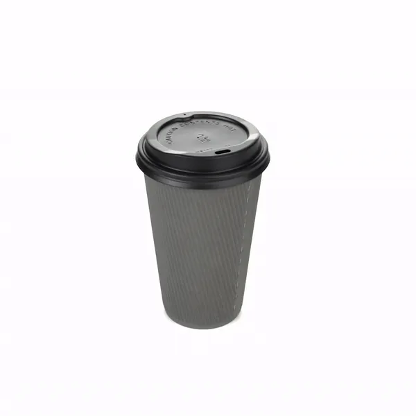 16 oz Gray Paper Ripple Wall Coffee Cup - with Black Lid - 3 1/2" x 3 1/2" x 6 1/4" - 20 count box