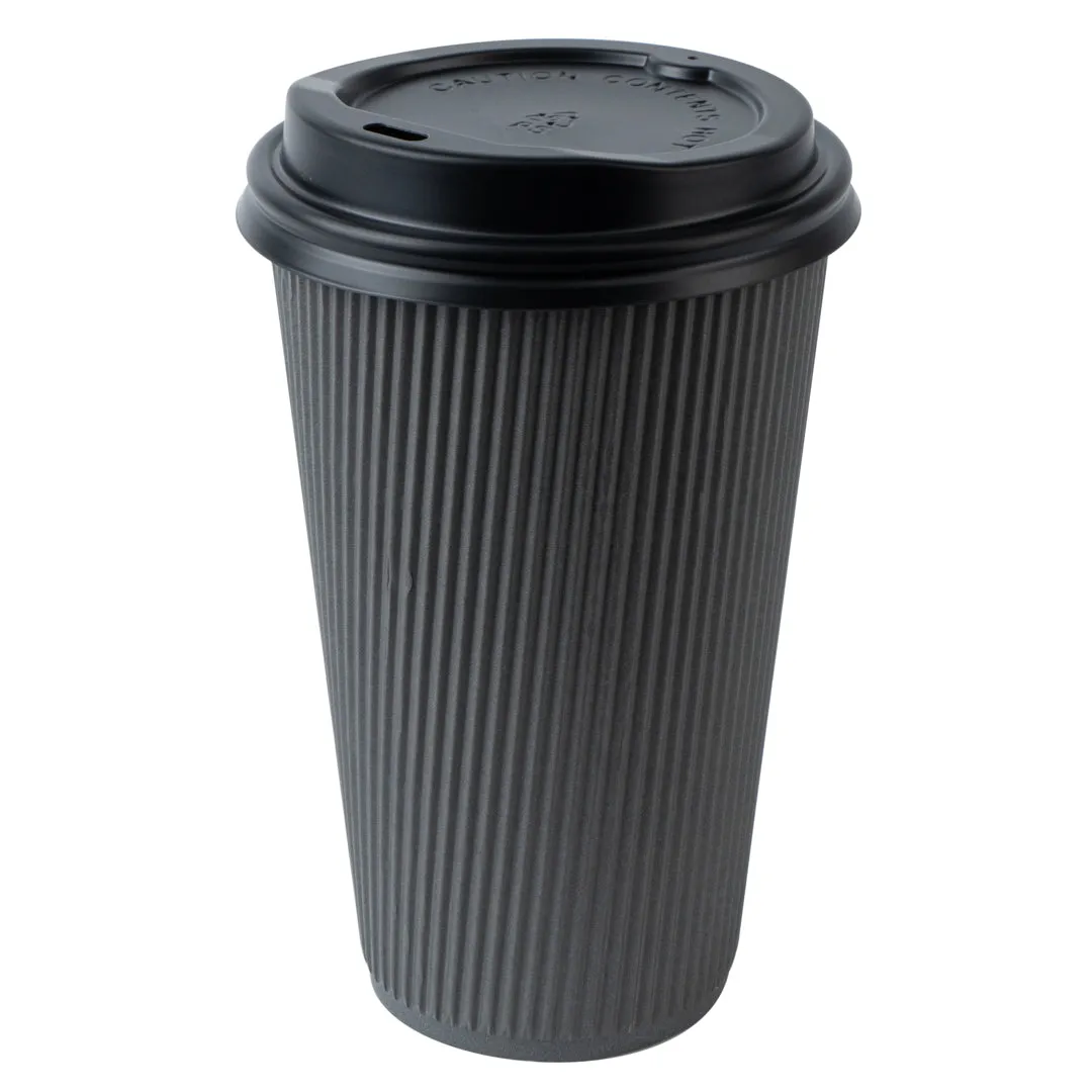 16 oz Gray Paper Ripple Wall Coffee Cup - with Black Lid - 3 1/2" x 3 1/2" x 6 1/4" - 20 count box