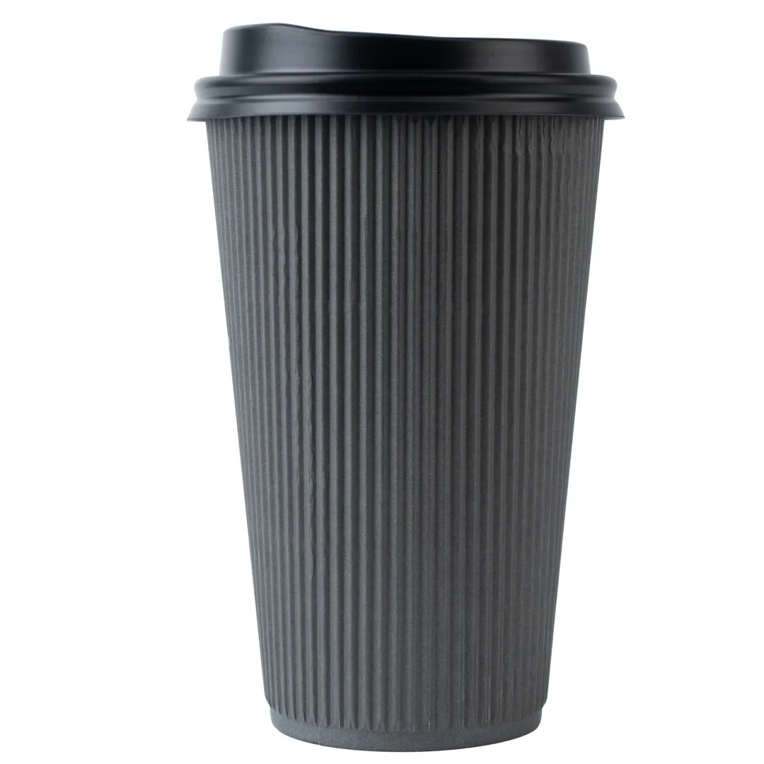 16 oz Gray Paper Ripple Wall Coffee Cup - with Black Lid - 3 1/2" x 3 1/2" x 6 1/4" - 20 count box