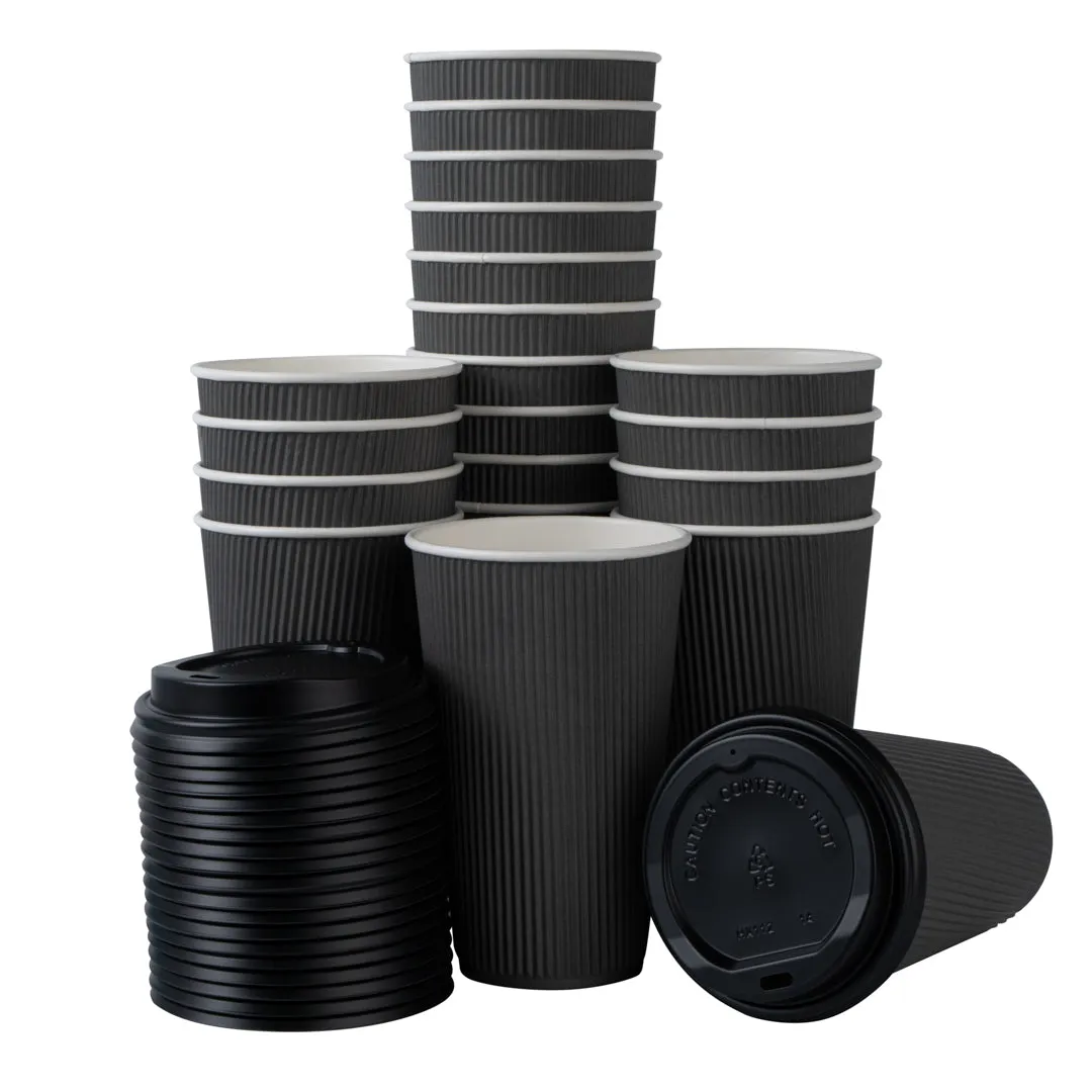 16 oz Gray Paper Ripple Wall Coffee Cup - with Black Lid - 3 1/2" x 3 1/2" x 6 1/4" - 20 count box