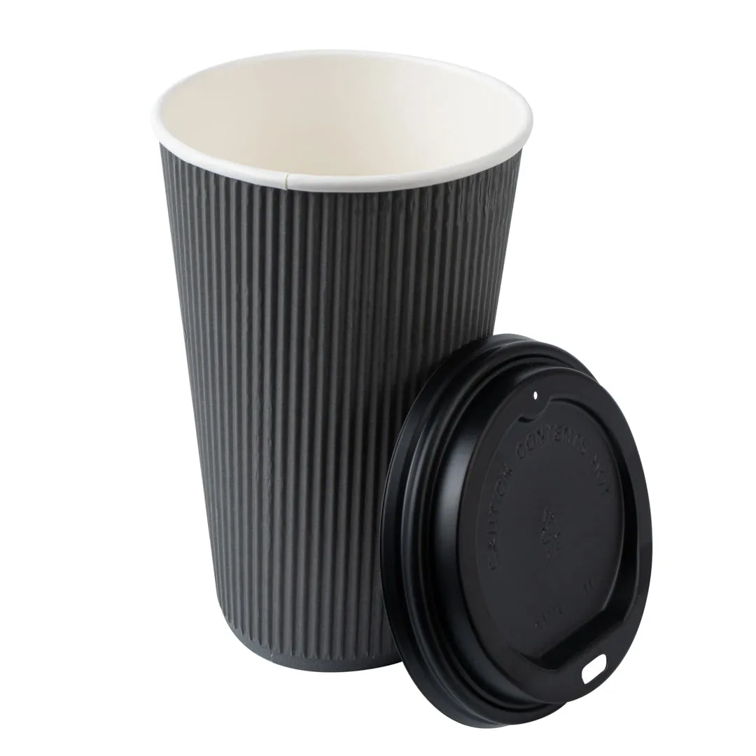 16 oz Gray Paper Ripple Wall Coffee Cup - with Black Lid - 3 1/2" x 3 1/2" x 6 1/4" - 20 count box