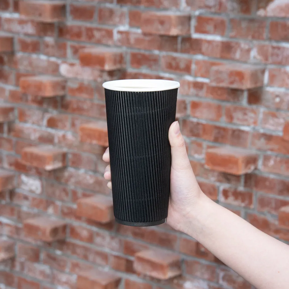 20 oz Black Paper Coffee Cup - Ripple Wall - 3 1/2" x 3 1/2" x 6 1/4" - 10 count box