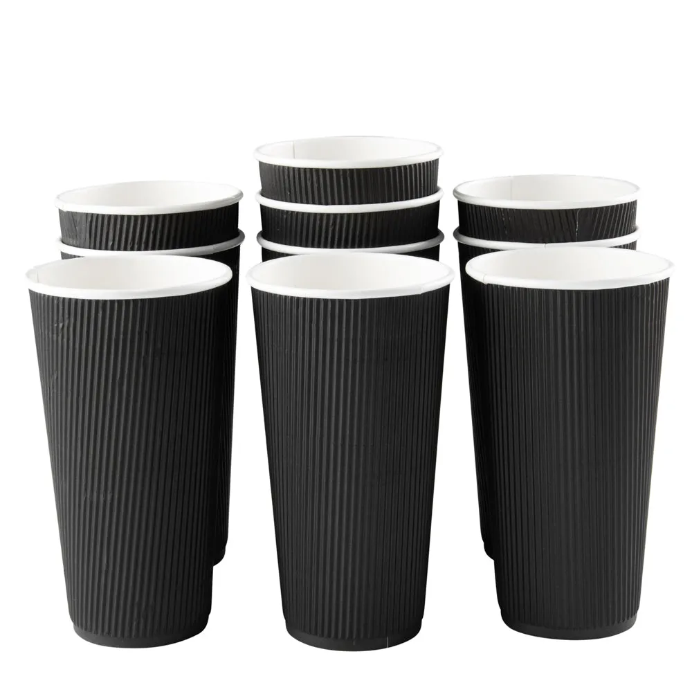 20 oz Black Paper Coffee Cup - Ripple Wall - 3 1/2" x 3 1/2" x 6 1/4" - 10 count box