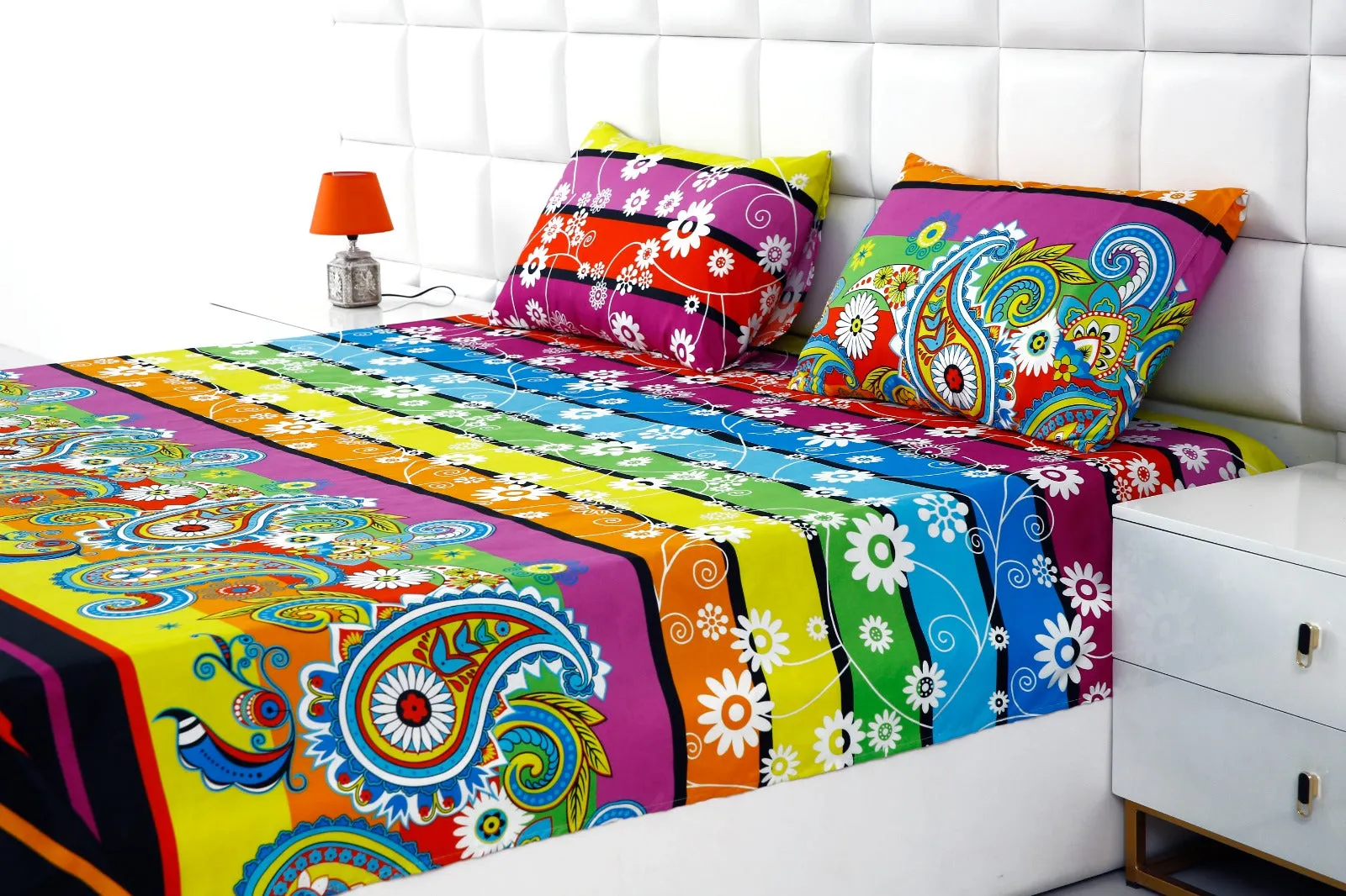 3 PCs Double Bed Sheet -Multi Flowers