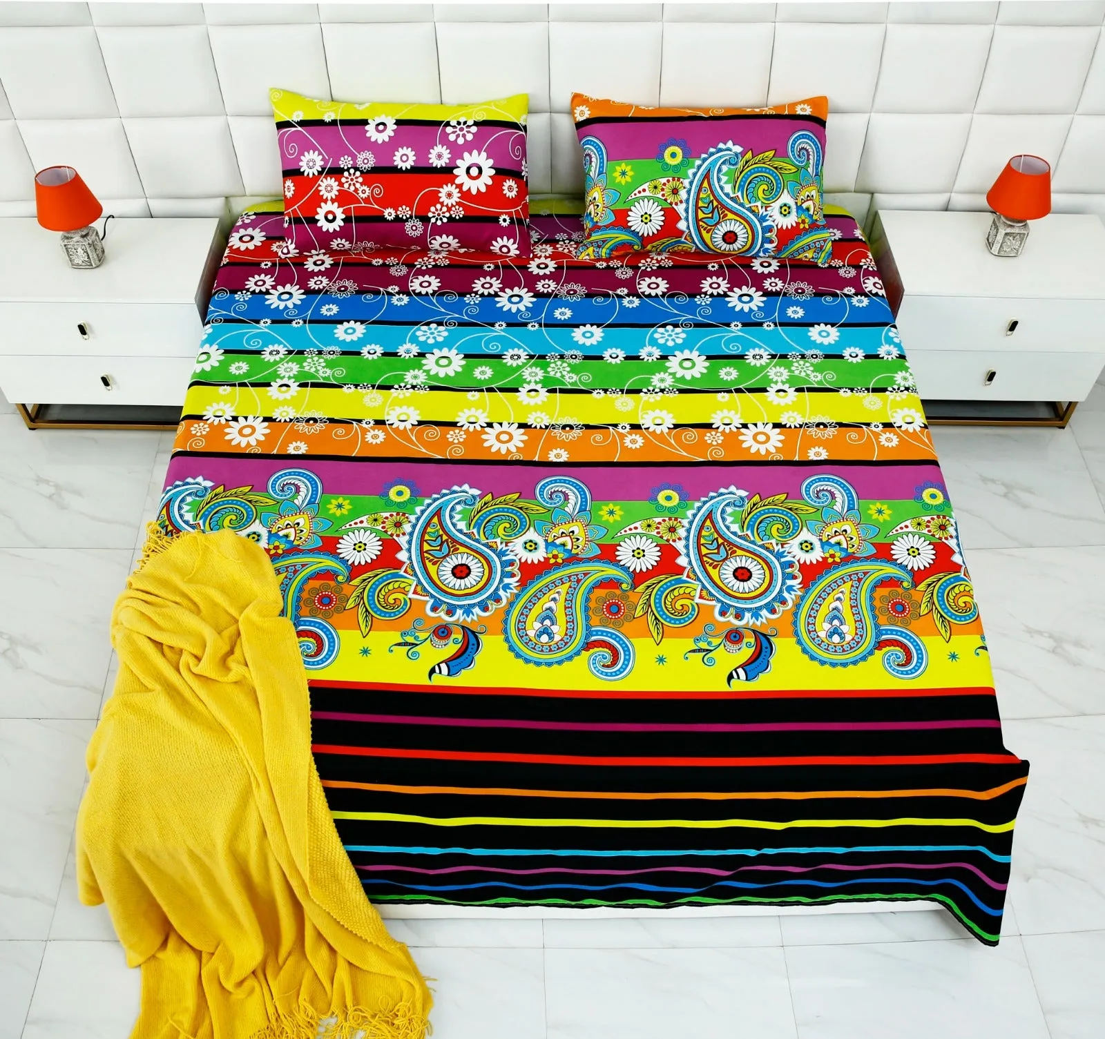 3 PCs Double Bed Sheet -Multi Flowers