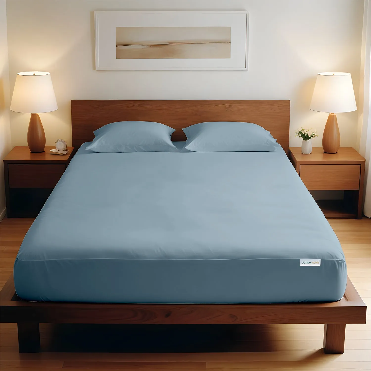 3 Piece Fitted Sheet Set Super Soft Metallic Blue Super King Size 200x200 30cm with 2 Pillow Case