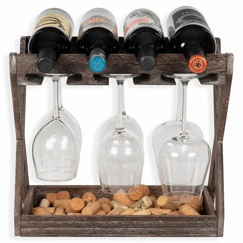 4 Bottle Solid Wood Tabletop Wine Bottle & Glass Rack in Torched Brown Bottle Holders and Stemware Racks