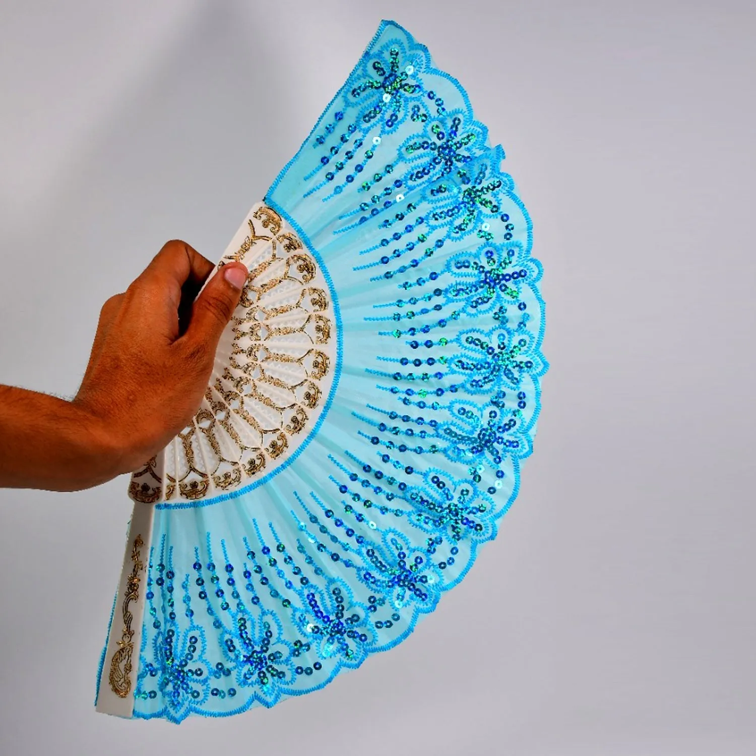 4930 Hand Folding Fan, Chinese Vintage Style Handheld Fan with Fabric Sleeve