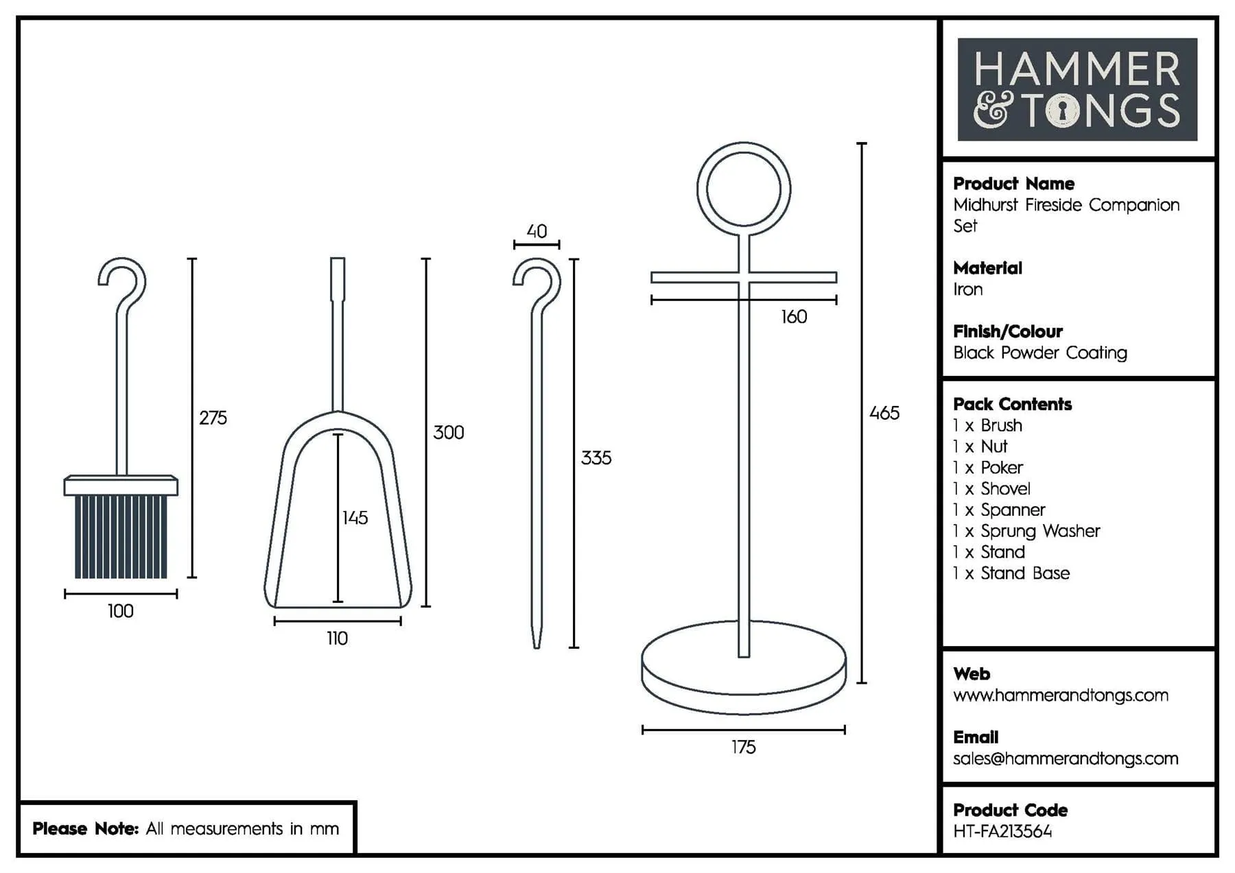 4pc Black 'Midhurst' Fireside Companion Set - By Hammer & Tongs