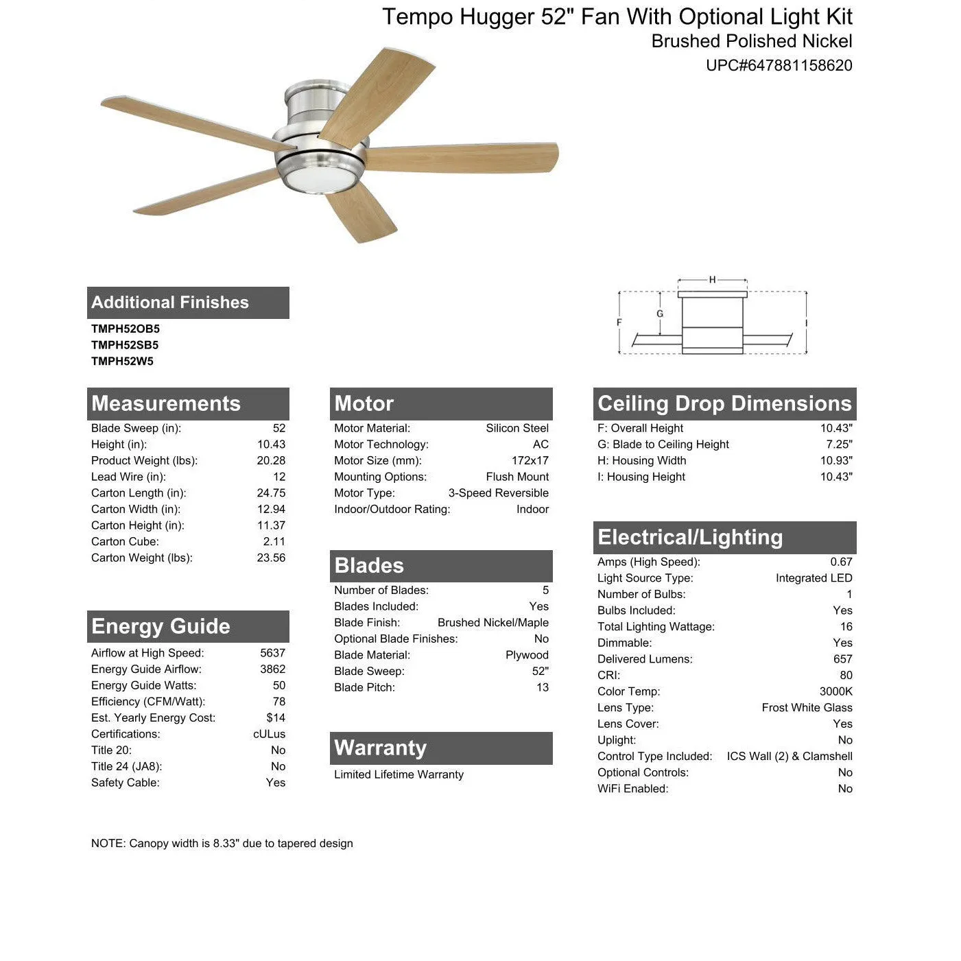 52" Tempo Hugger in Brushed Polished Nickel w/ Brushed Nickel/Maple Blades