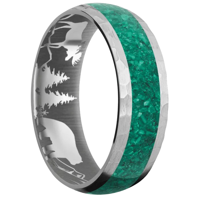 7mm wide Domed Titanium Ring with Hammer Finish / One 4mm Centered Malachite Inlay / None Interior Pattern