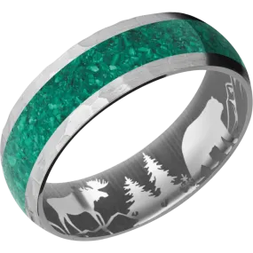 7mm wide Domed Titanium Ring with Hammer Finish / One 4mm Centered Malachite Inlay / None Interior Pattern