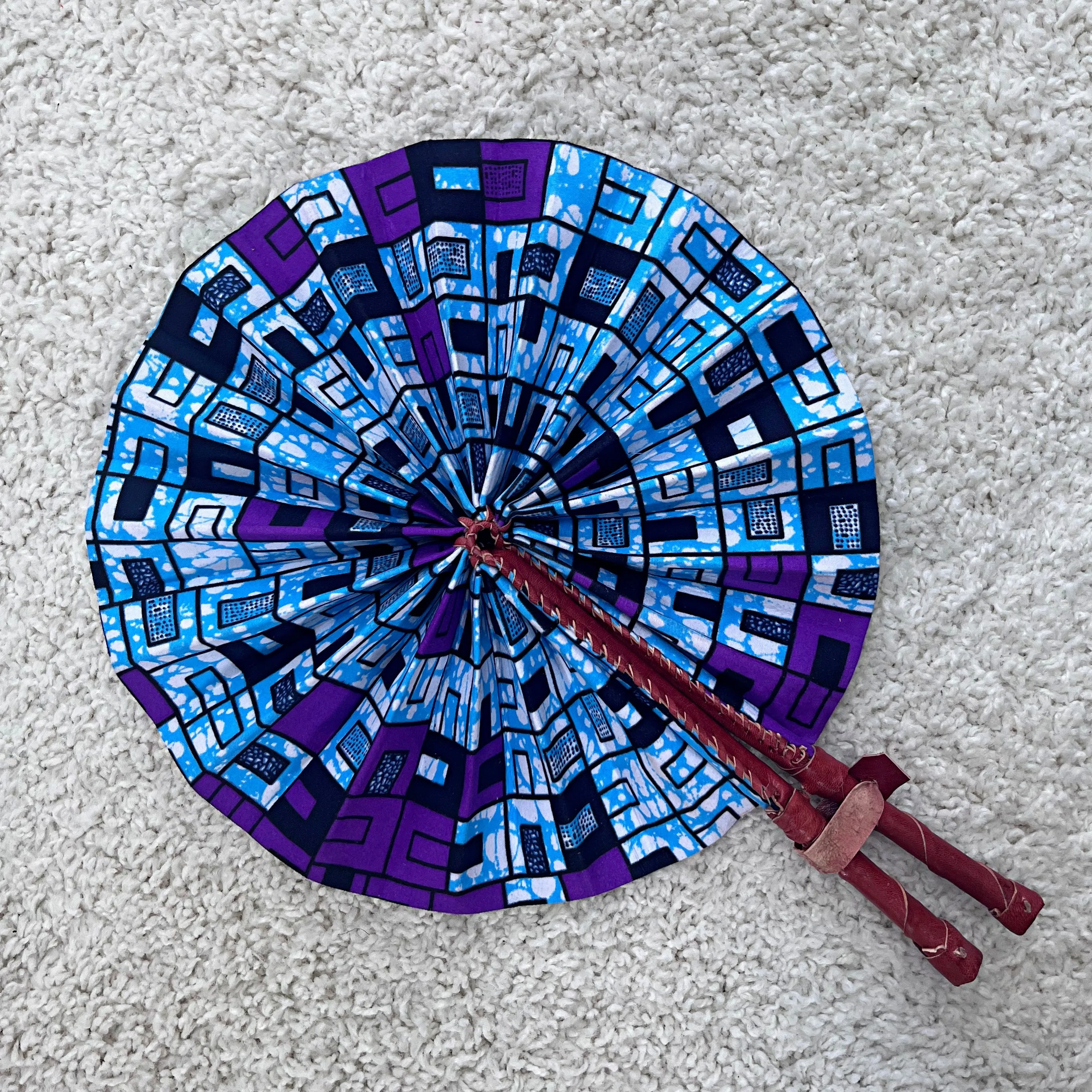 African Print Circle Foldable Handheld Fan - Blue / Purple