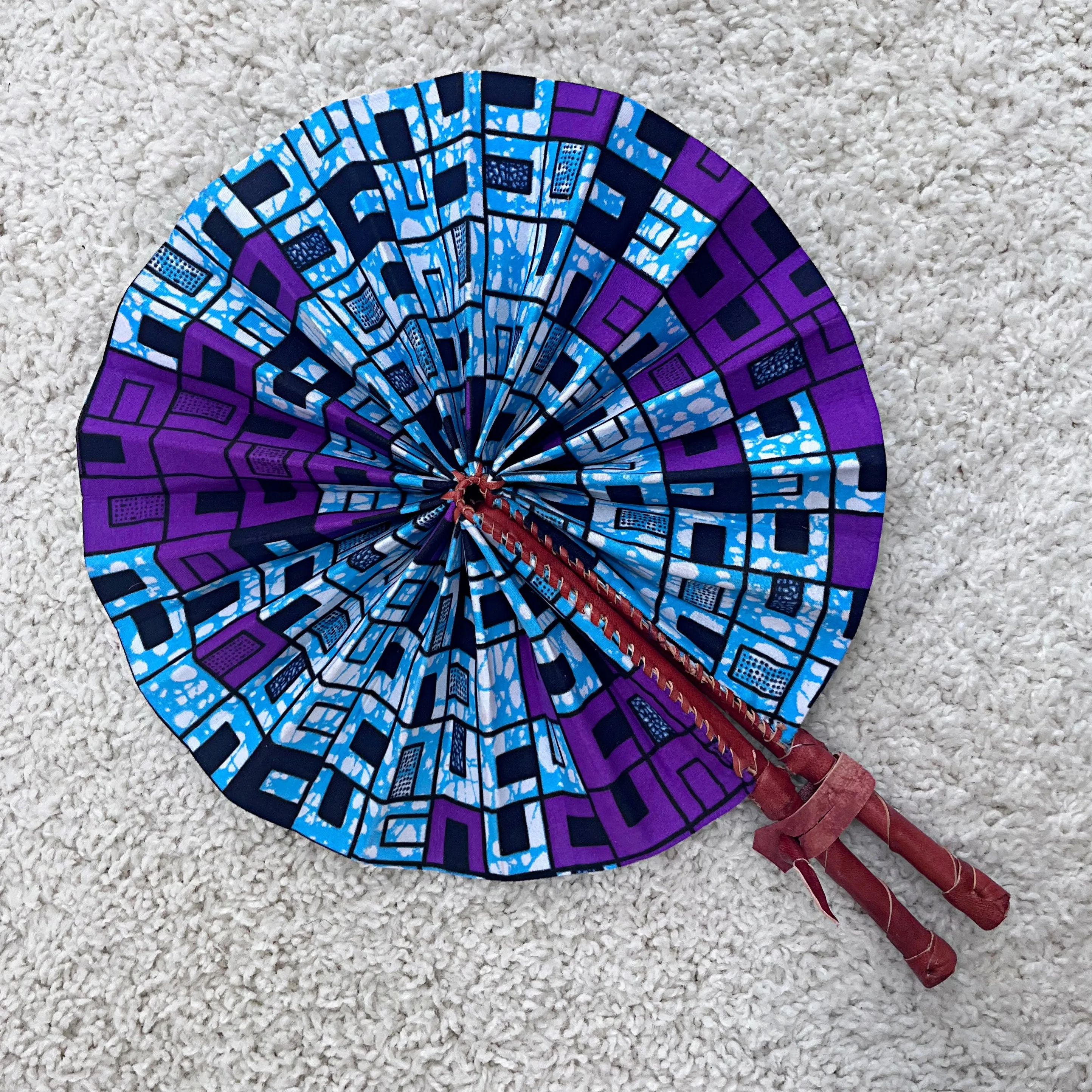 African Print Circle Foldable Handheld Fan - Blue / Purple