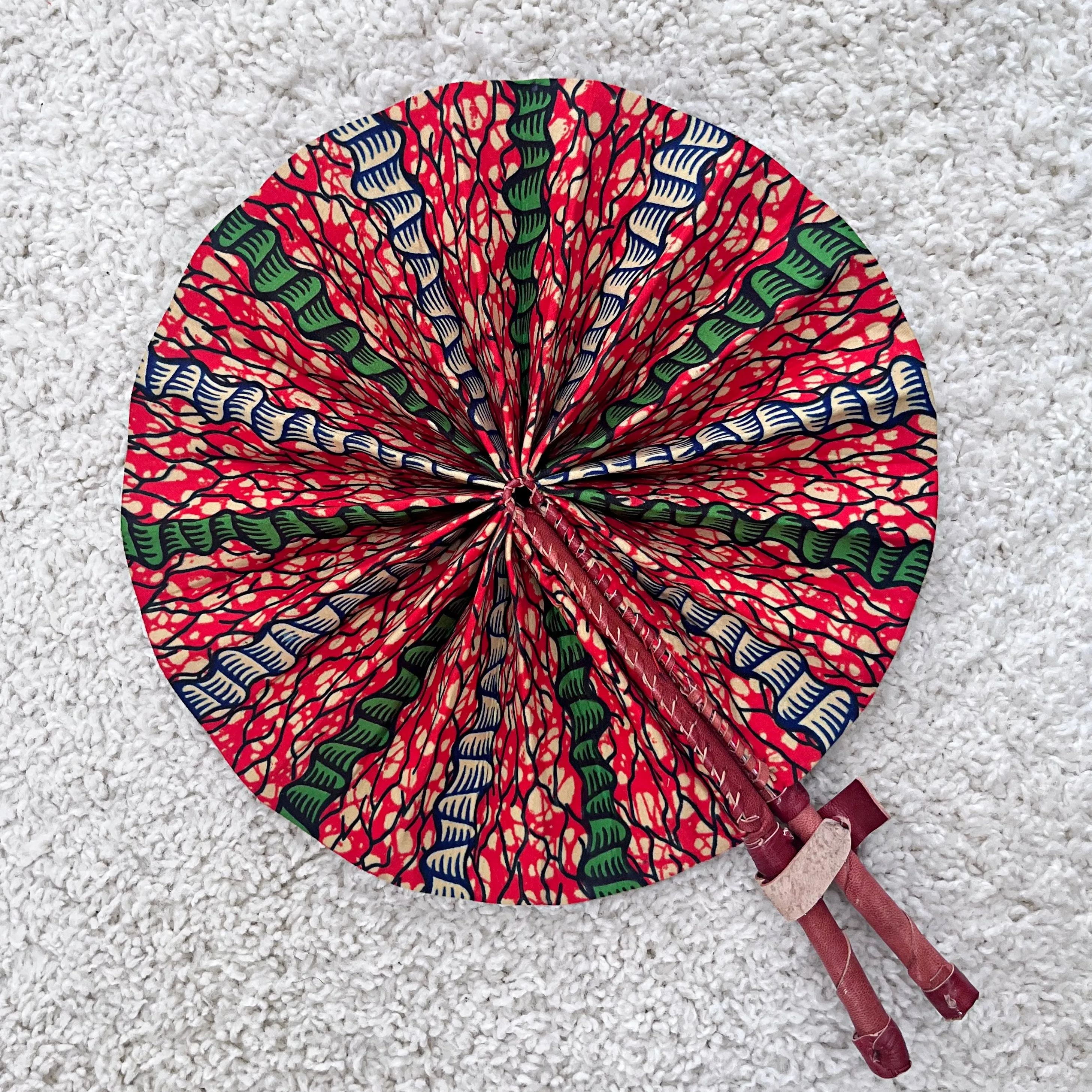 African Print Circle Foldable Handheld Fan - Red / Green