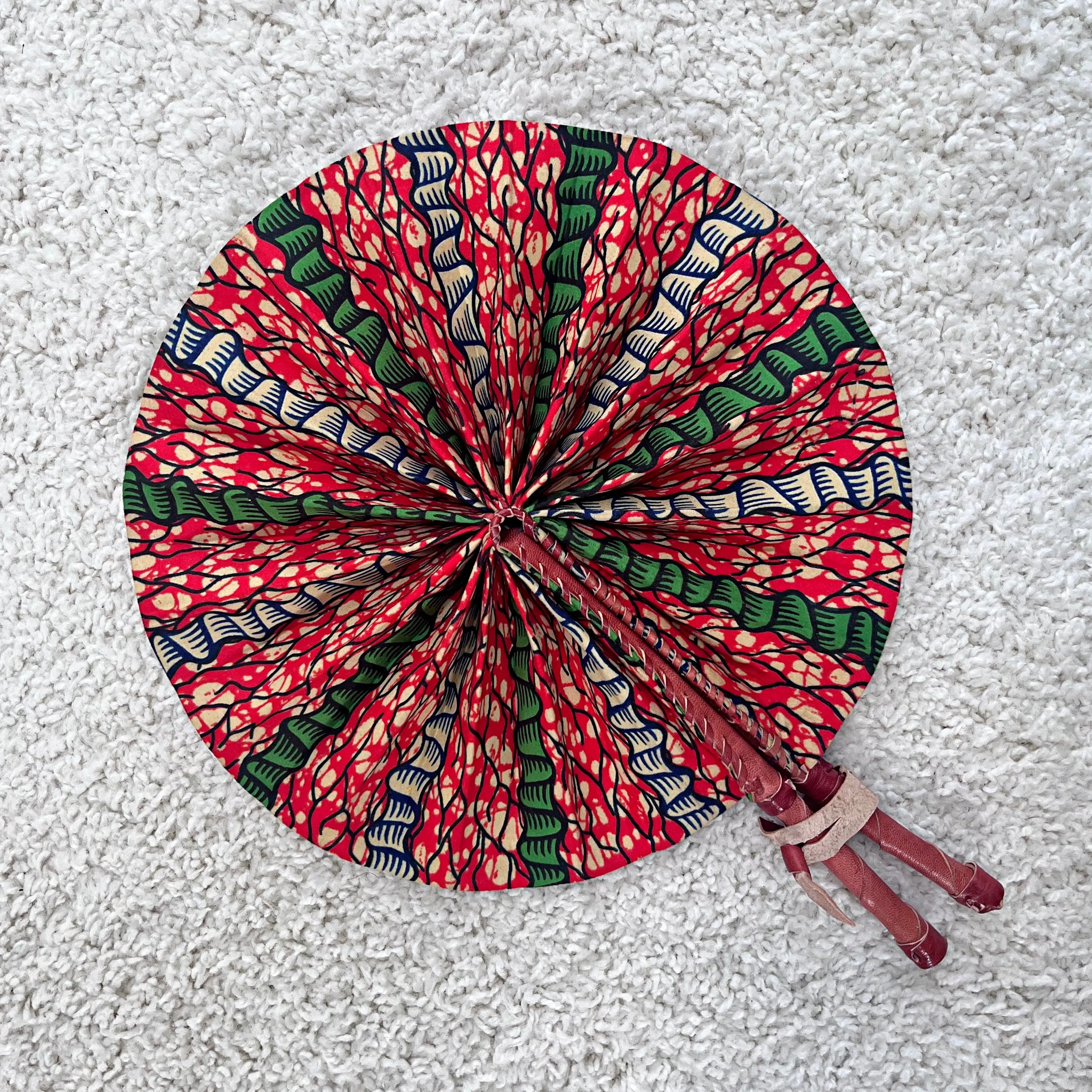 African Print Circle Foldable Handheld Fan - Red / Green