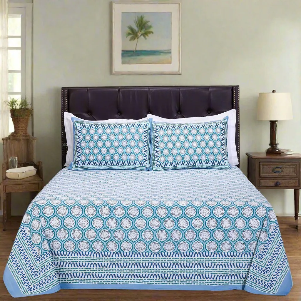 Alice Jaal Turquoise Cotton  Bedsheet