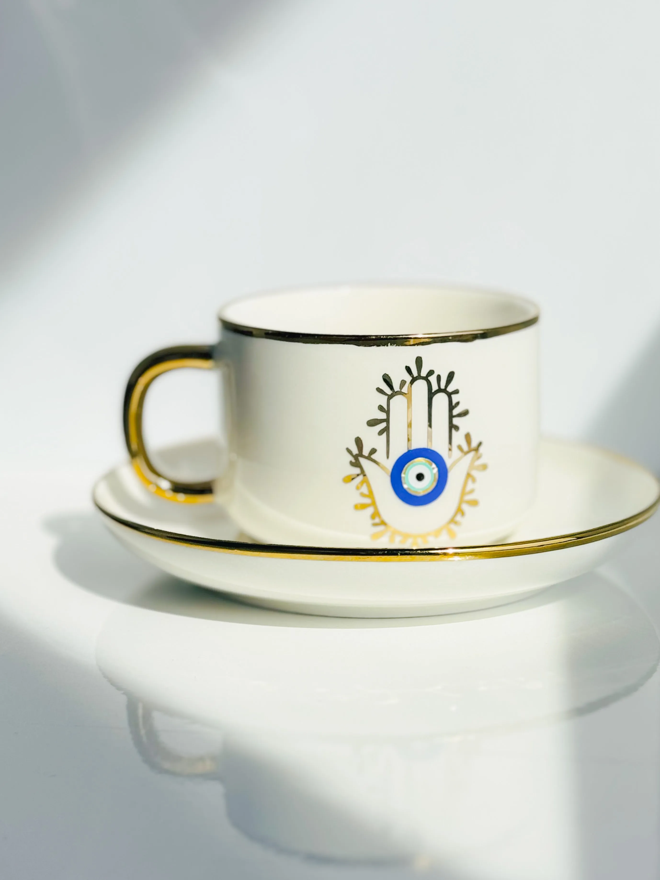 Amida Hamsa Hand Evil Eye White Espresso Cup And Saucer