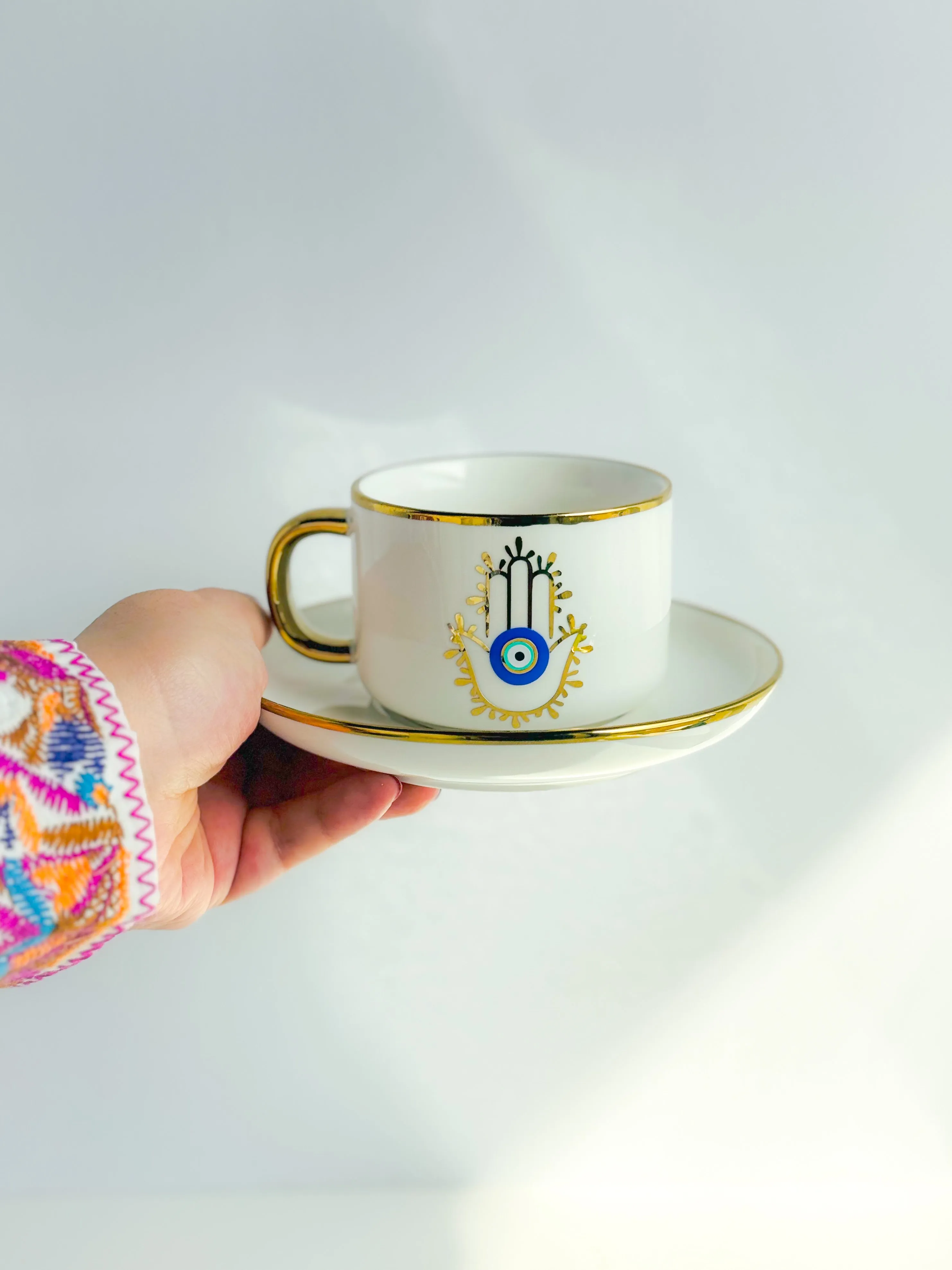 Amida Hamsa Hand Evil Eye White Espresso Cup And Saucer