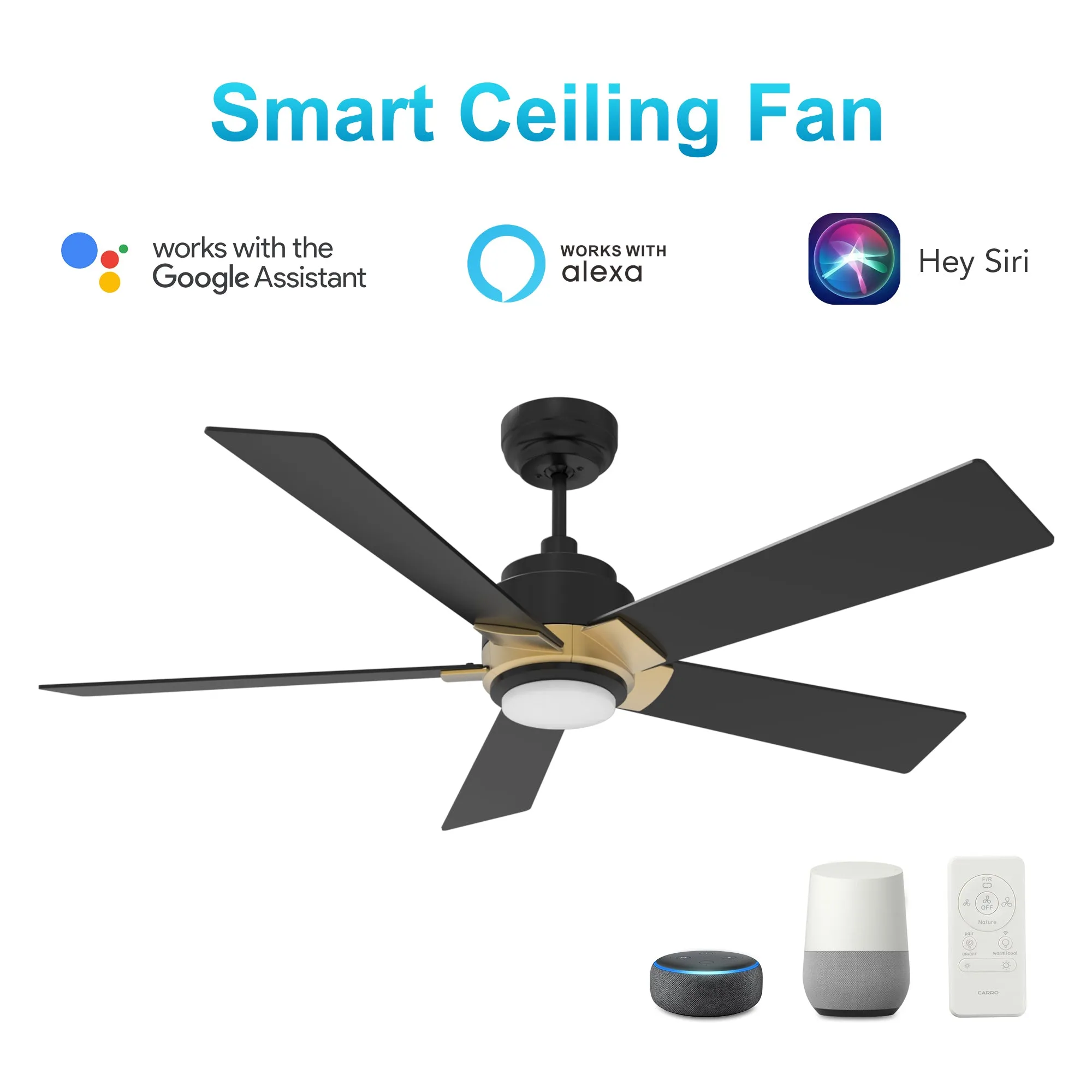 ASCENDER 52 inch 5-Blade Smart Ceiling Fan with LED Light & Remote Control - Gold/Black