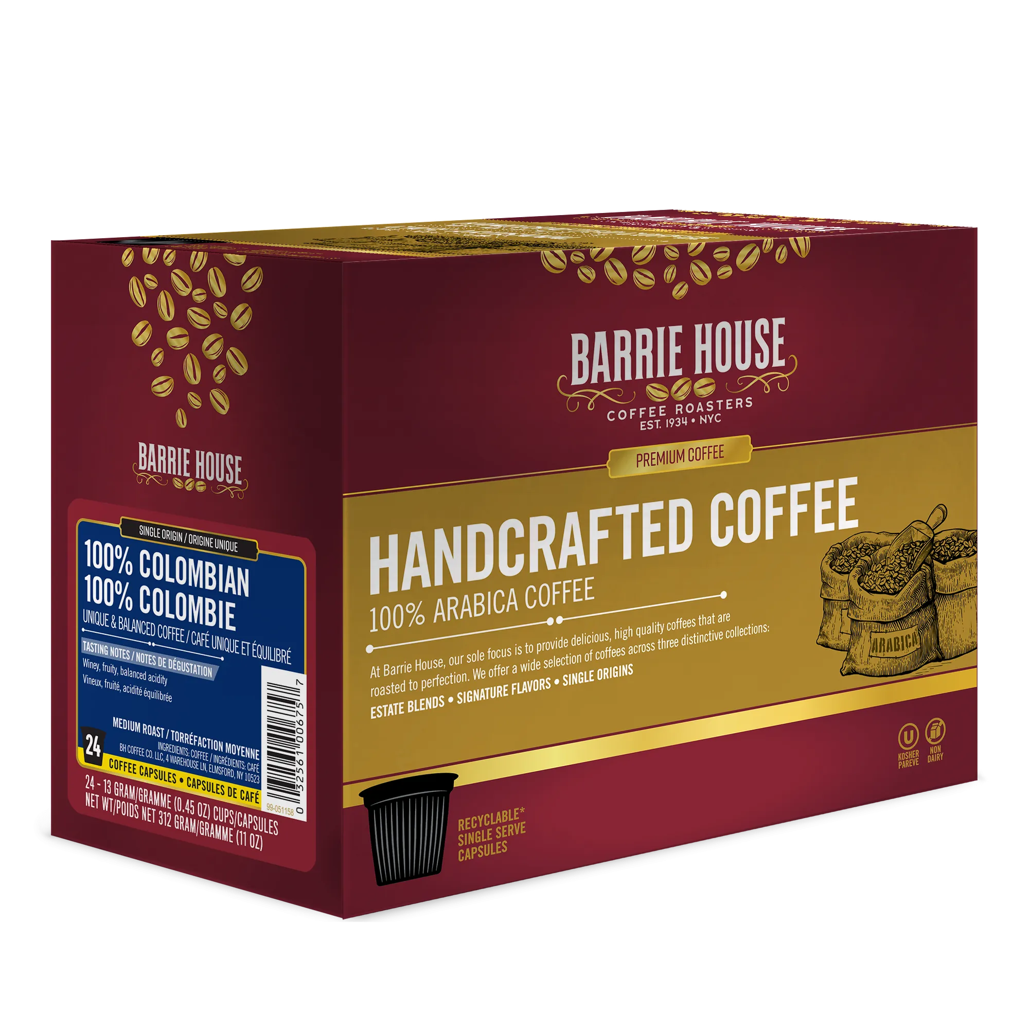 Barrie House 100% Colombia Single Serve Coffee, 24 Pack