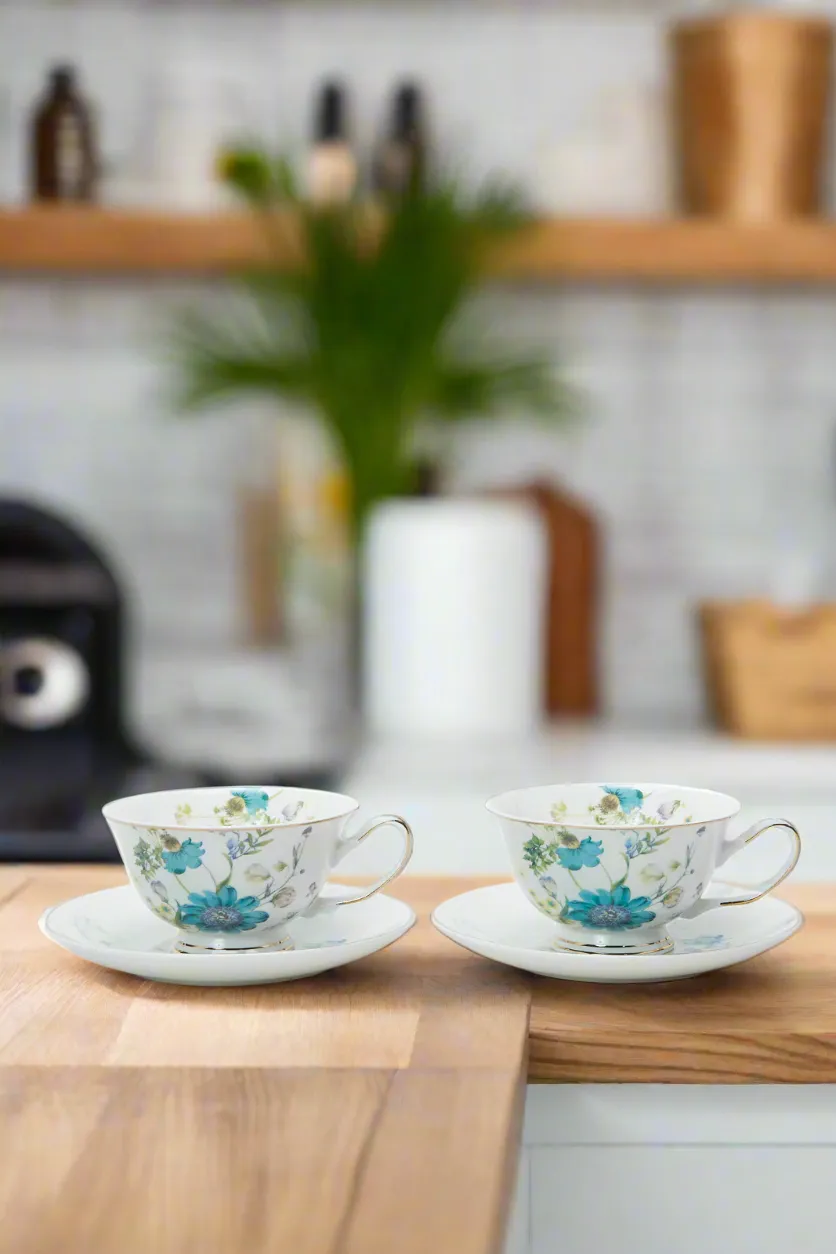 Blue And White Cup And Saucer Set (4 Piece)