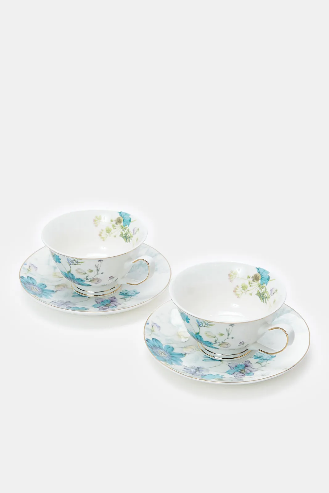 Blue And White Cup And Saucer Set (4 Piece)