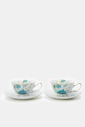 Blue And White Cup And Saucer Set (4 Piece)