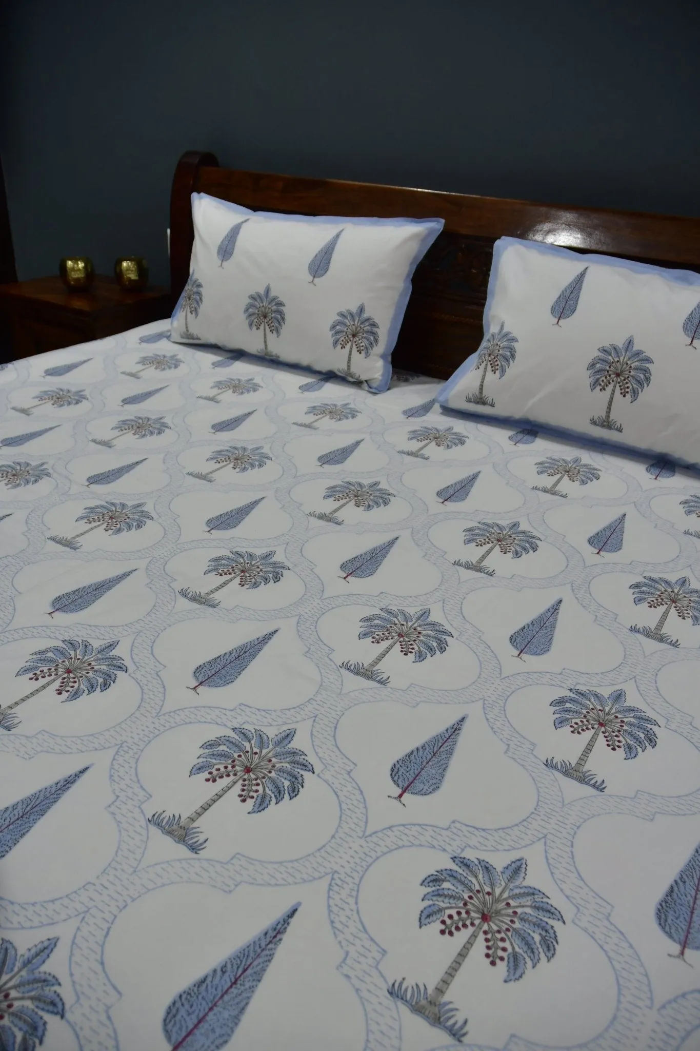 Blue Palm Hand Block Bedsheet