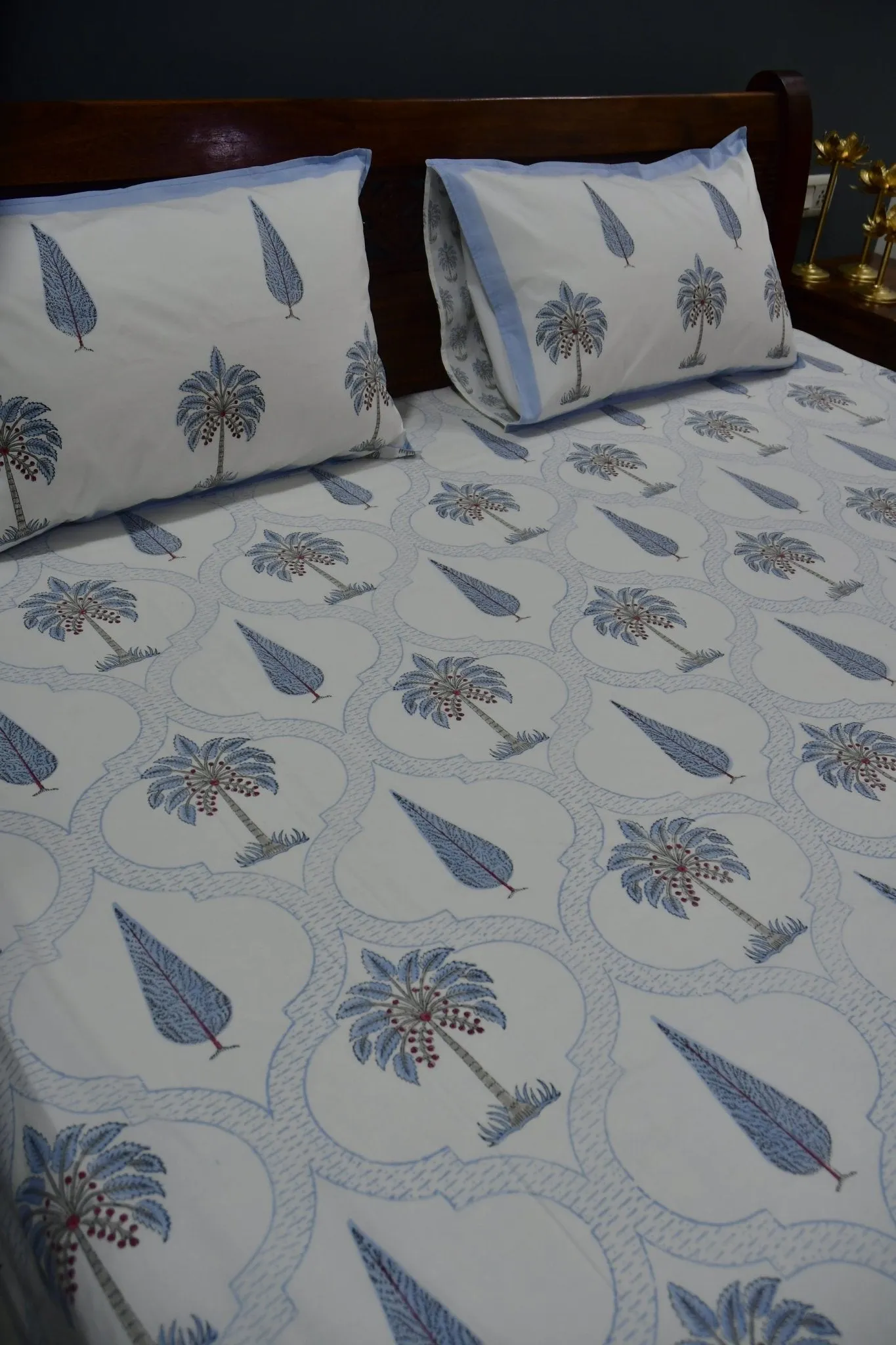 Blue Palm Hand Block Bedsheet