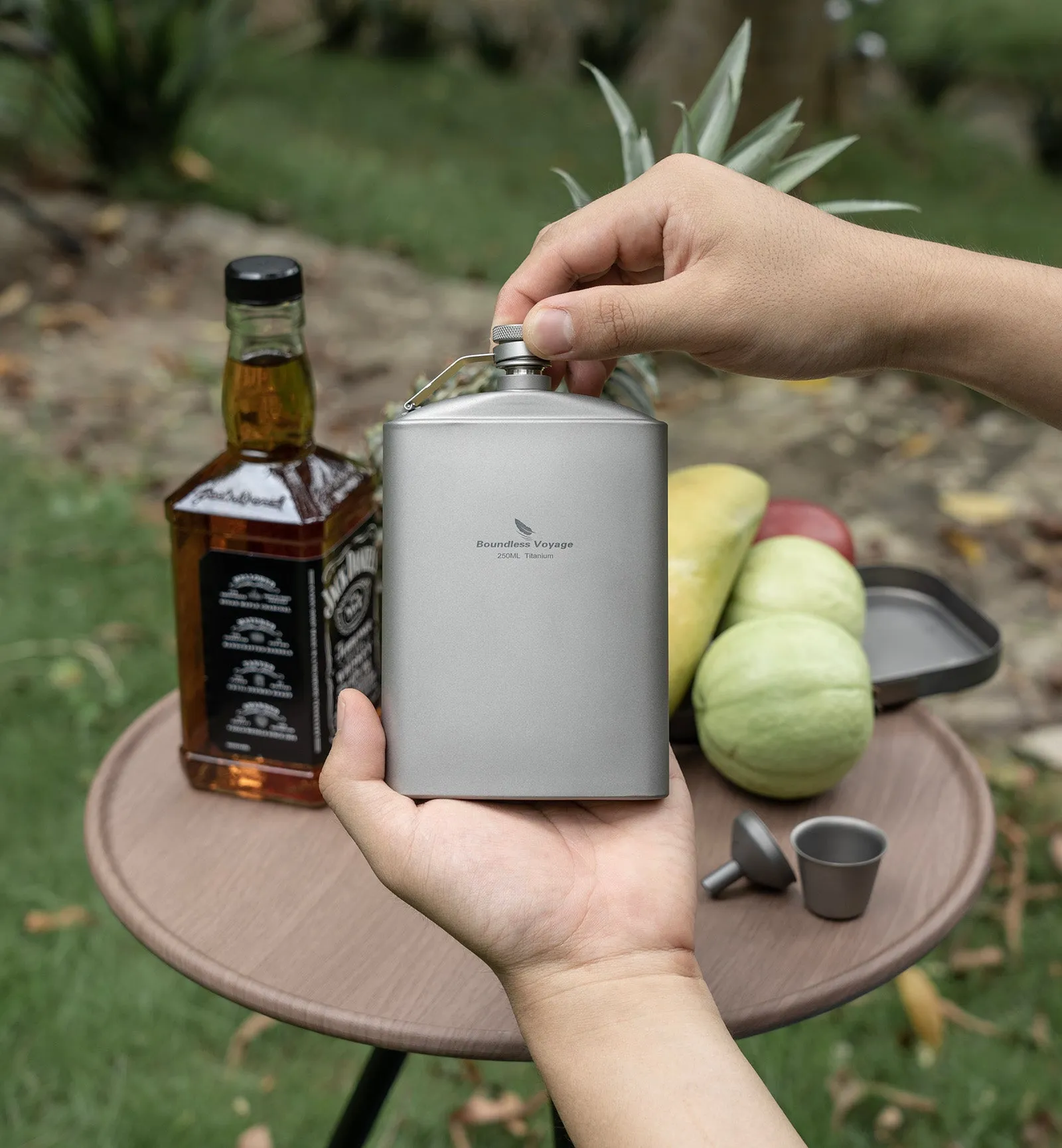 Boundless Voyage Outdoor Titanium Hip Flask with Funnel Camping Hiking Climbing Pocket Alcohol Whiskey Flask Flagon Wine Cup Mug Pot 8.5oz/250ml