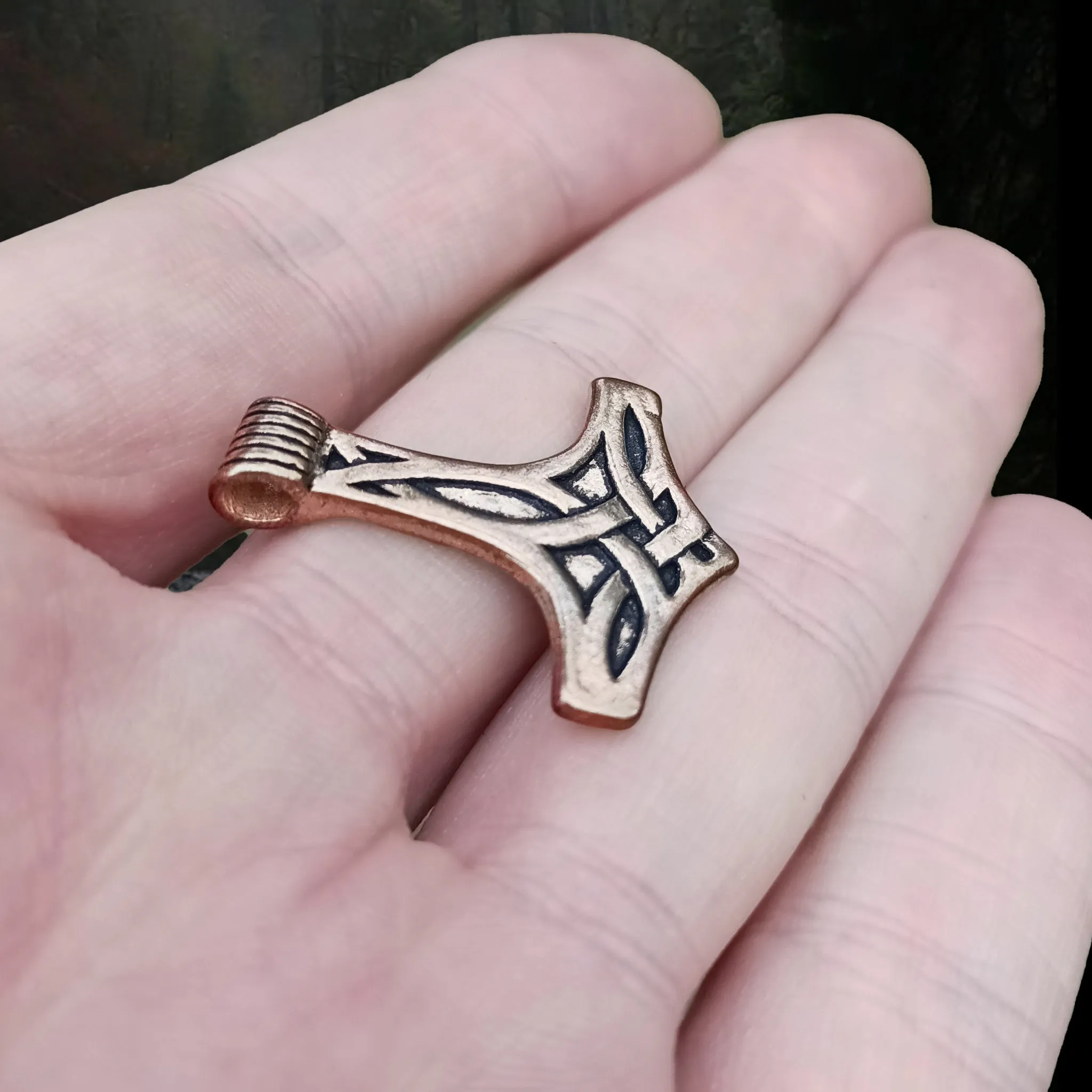 Bronze Thors Hammer Pendant with Knotwork Design