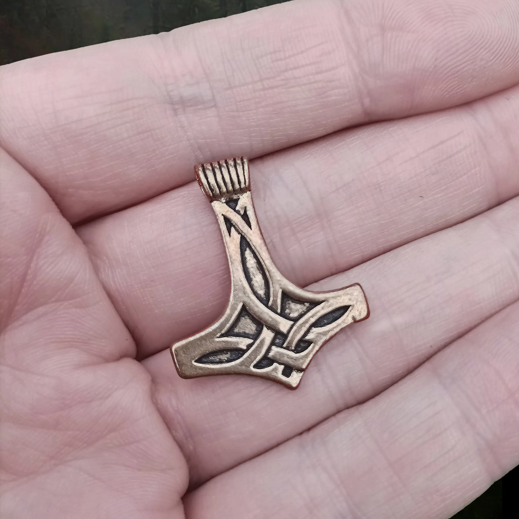 Bronze Thors Hammer Pendant with Knotwork Design