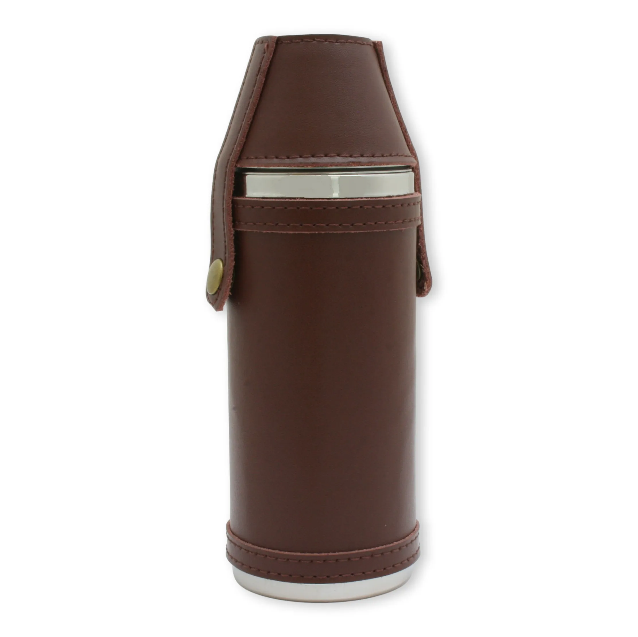 Brown Leather Round 8oz Flask With Two Cups