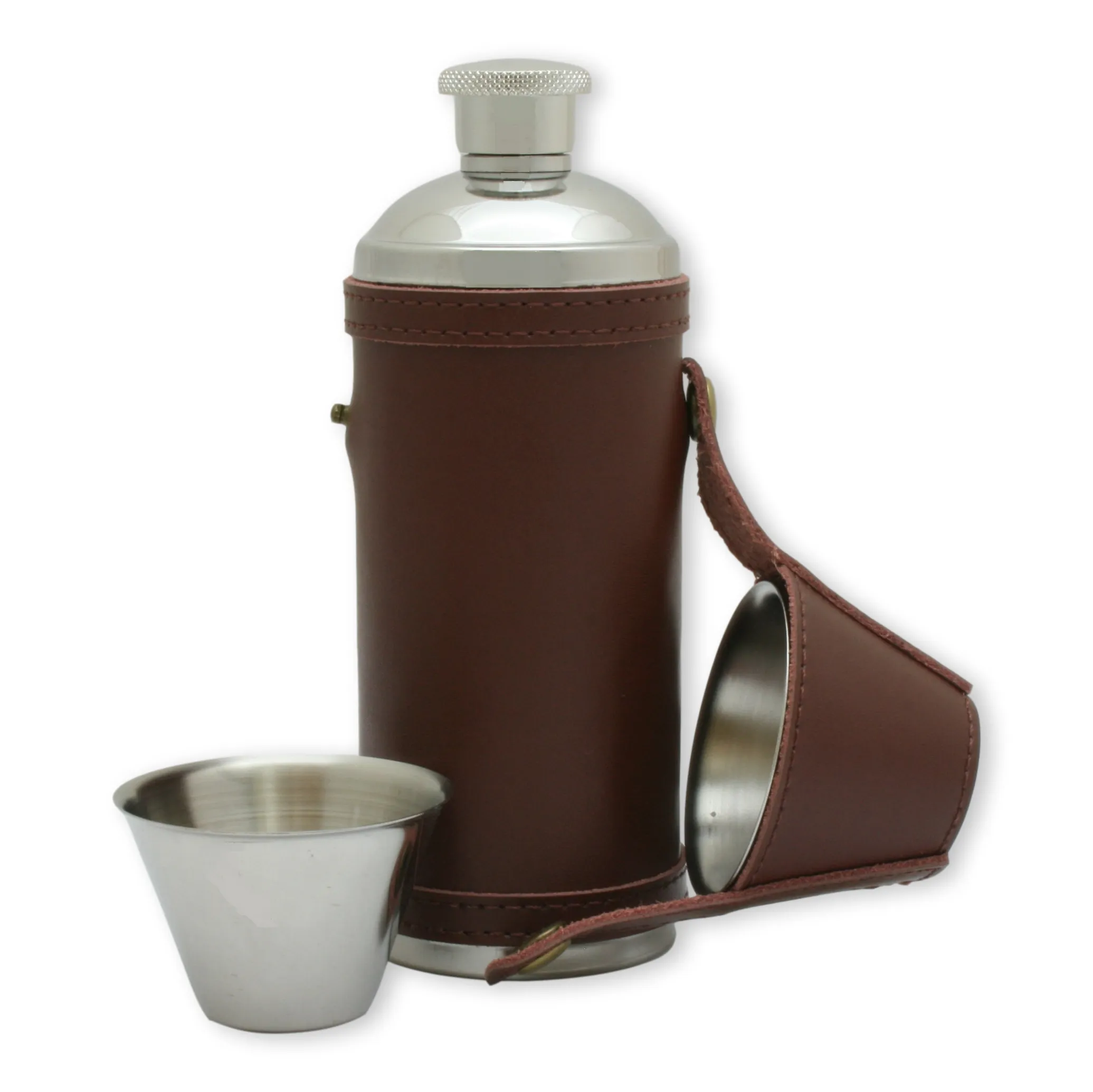 Brown Leather Round 8oz Flask With Two Cups