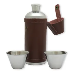 Brown Leather Round 8oz Flask With Two Cups