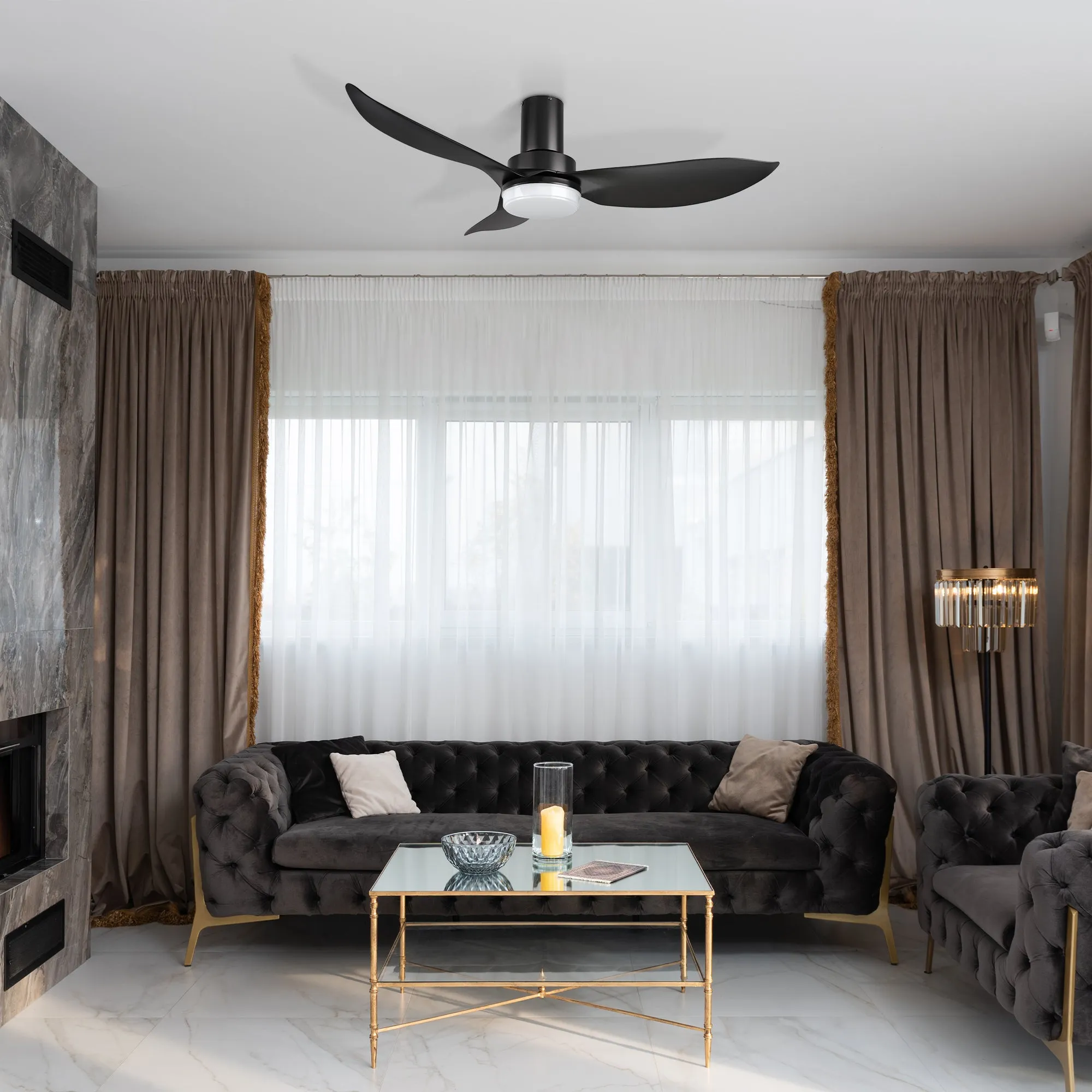 BUDE 45 inch 3-Blade Low Profile Ceiling Fan with LED Light & Remote Control - Black/Black