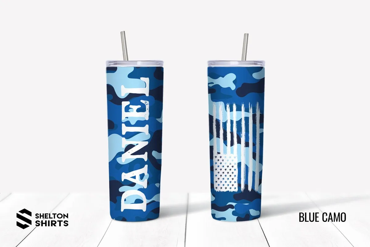 Camo Tumbler with Name on the Front and Distressed Flag on the Back