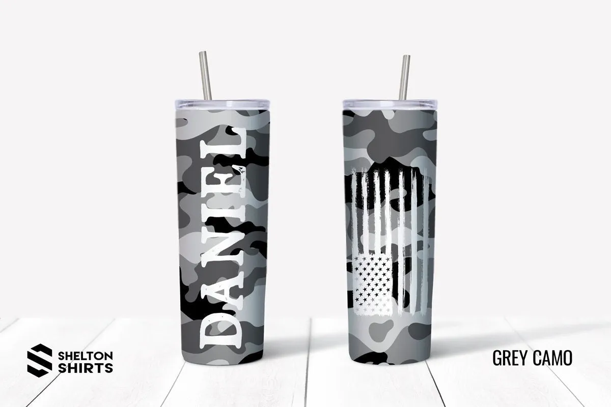 Camo Tumbler with Name on the Front and Distressed Flag on the Back