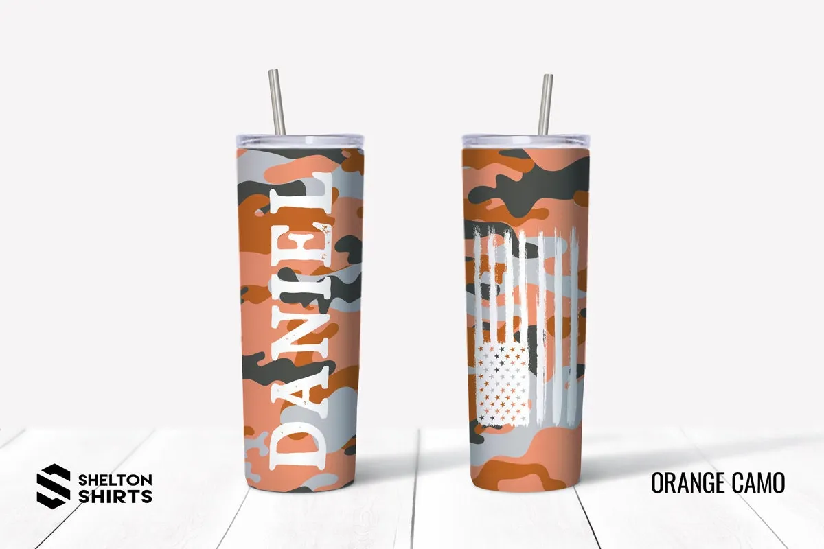 Camo Tumbler with Name on the Front and Distressed Flag on the Back