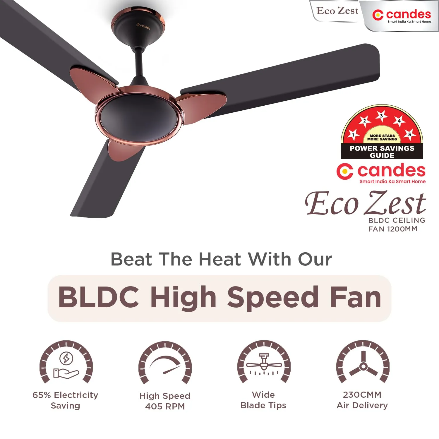 Candes Eco Zest Bldc Ceiling Fan 1200Mm /48 Inch|Bee 5 stars Rated, Upto 65% Energy Saving, High Air Delivery|High Speed Ceiling Fans For Home With Remote|2 1 Years Warranty|Coffee Brown