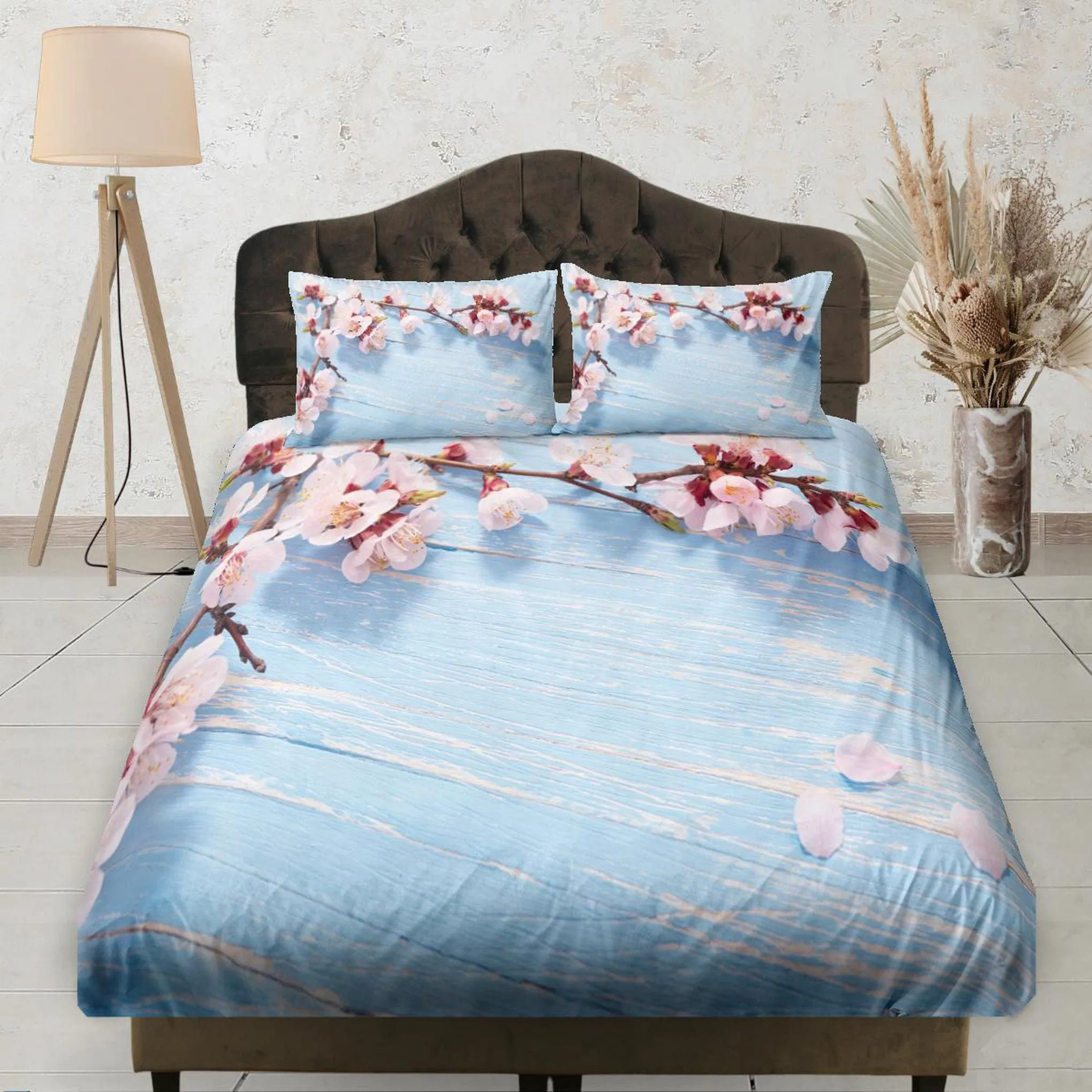 Cherry Blossoms in Light Blue Wood, Floral Printed Bedsheet, Deep Pocket, Boho Bedding Set Full, Dorm Bedding, Shabby Chic Bedding