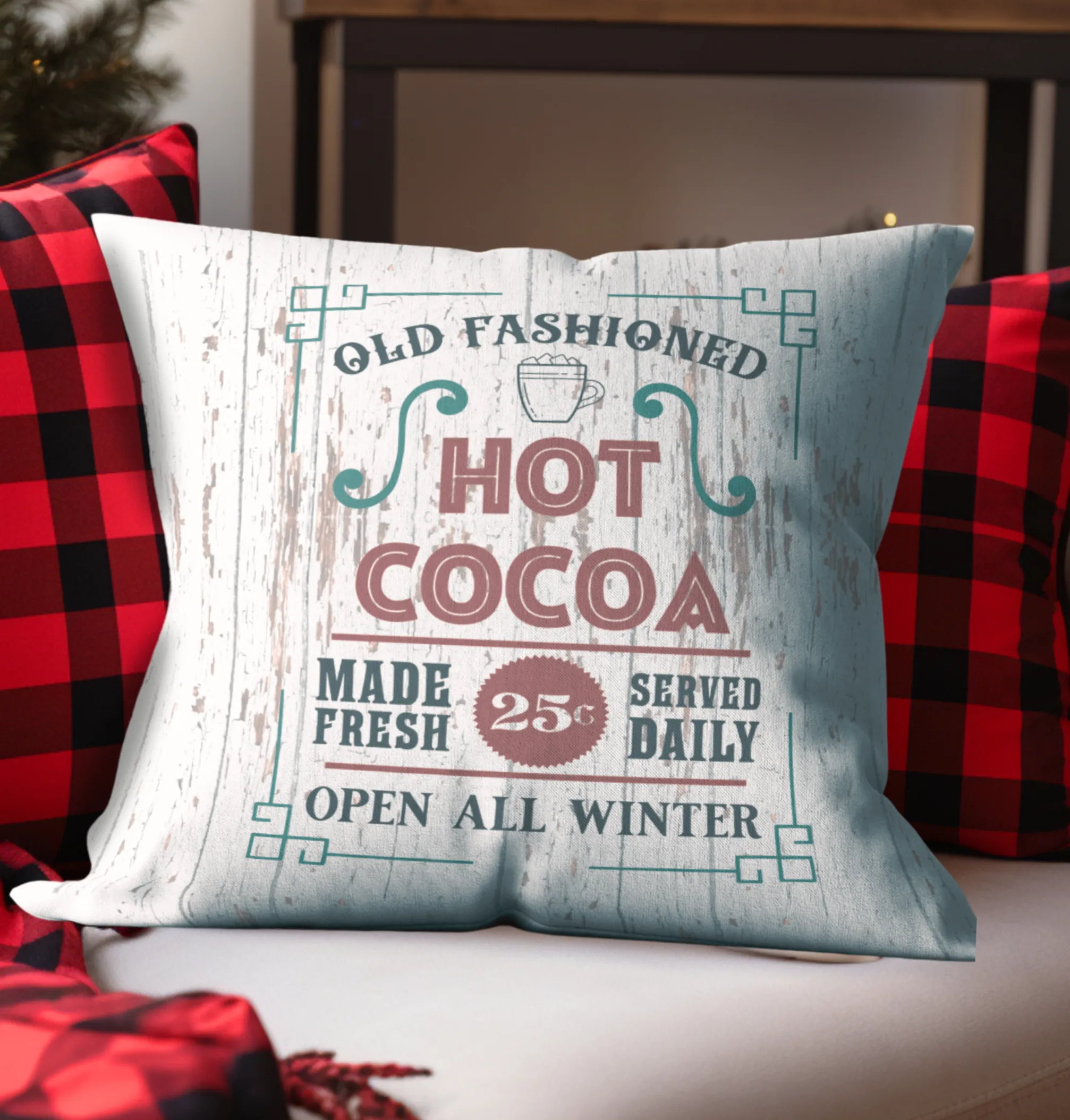 Christmas Pillow Cover, Hot Cocoa Pillow Cover, Rustic Christmas, Holiday Pillow Cover, Farmhouse Decor Pillow, Christmas Porch Decor