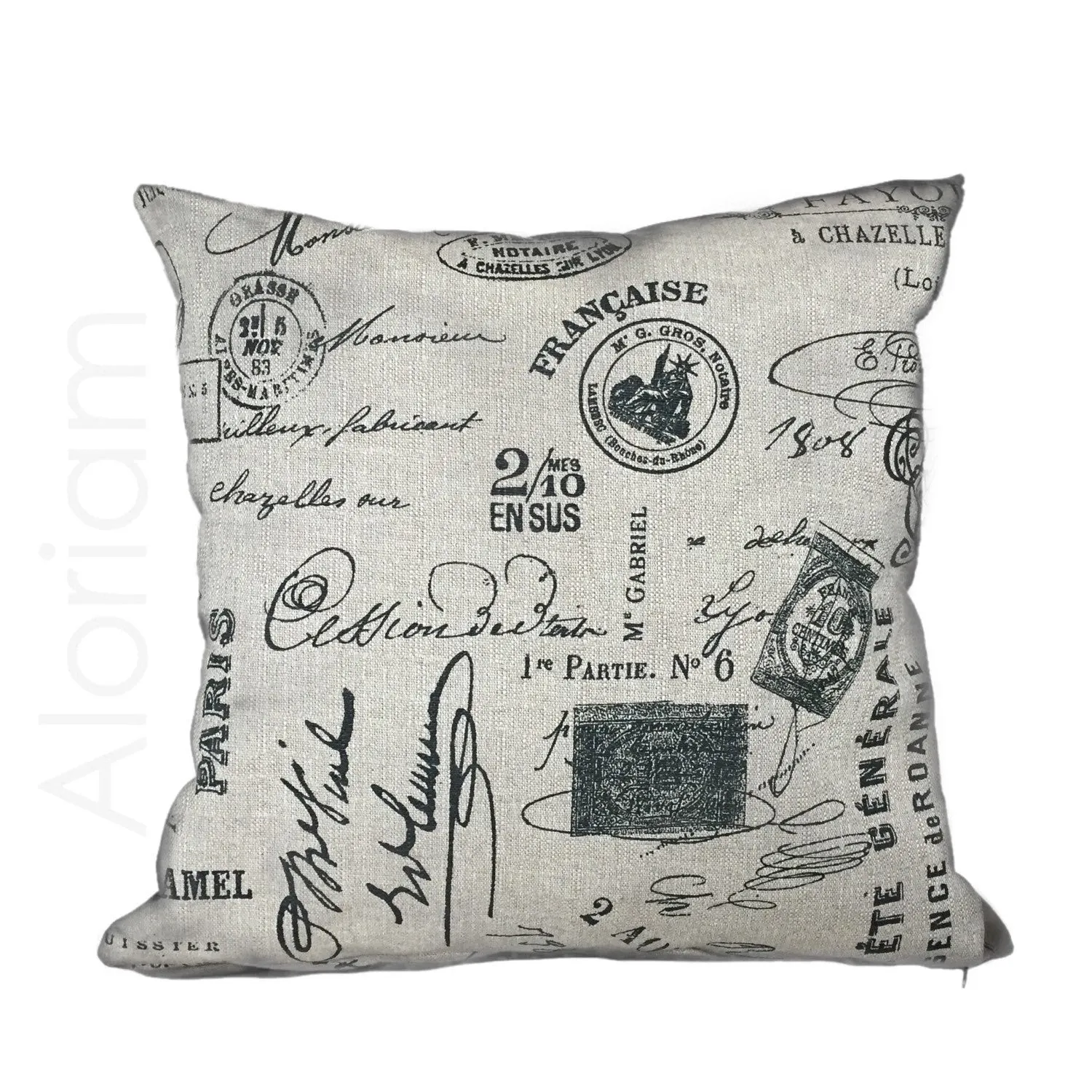 (CLEARANCE) Vintage French Script Calligraphy Stamps Tan Brown Pillow Cover