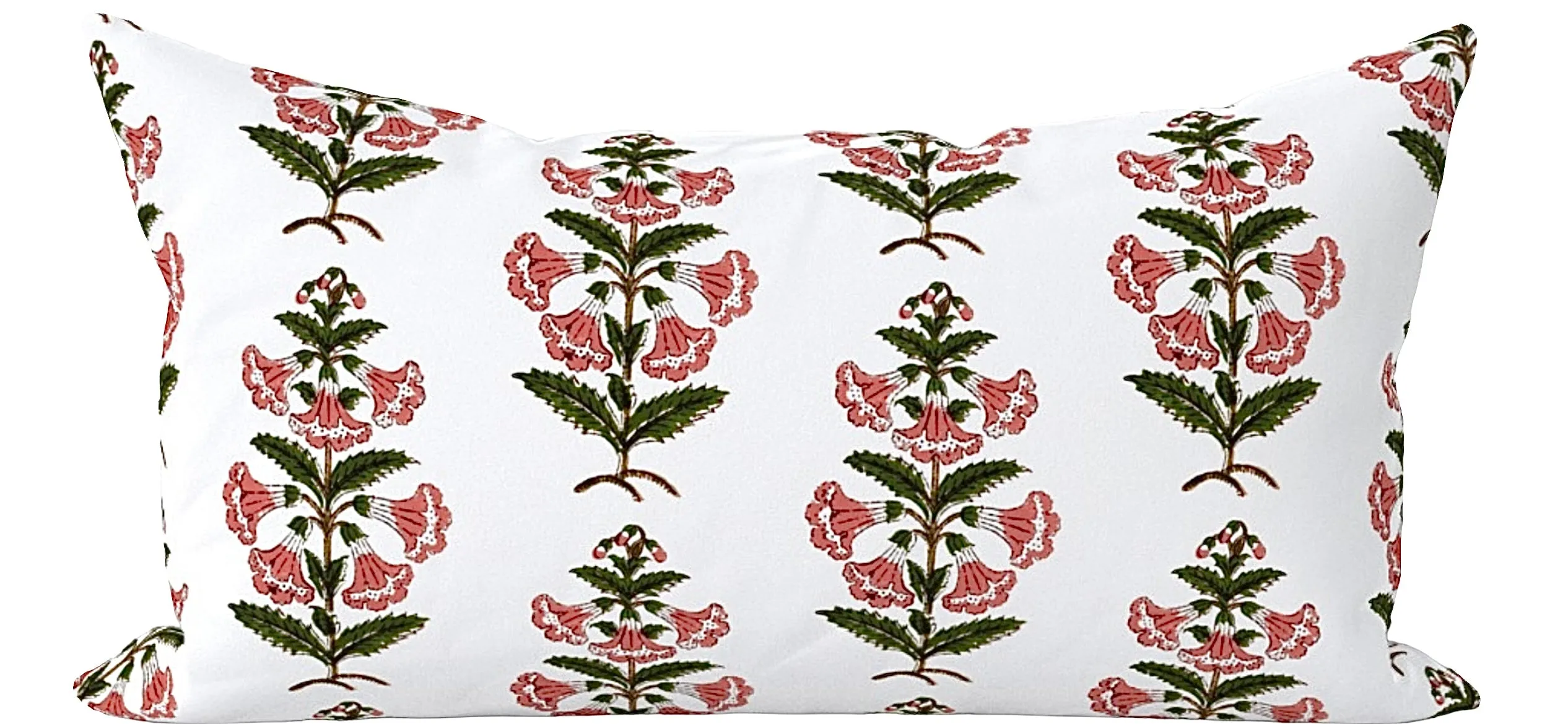 Coral Pink and Dark Green Petunia Block Printed Canvas Pillow Cover: Available in 10 Sizes