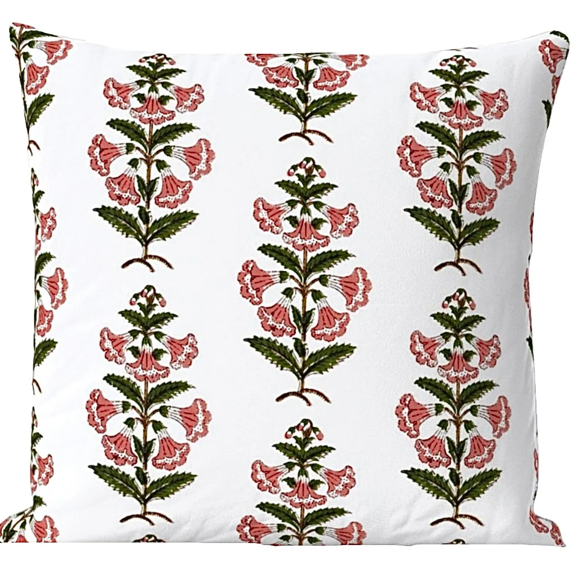 Coral Pink and Dark Green Petunia Block Printed Canvas Pillow Cover: Available in 10 Sizes